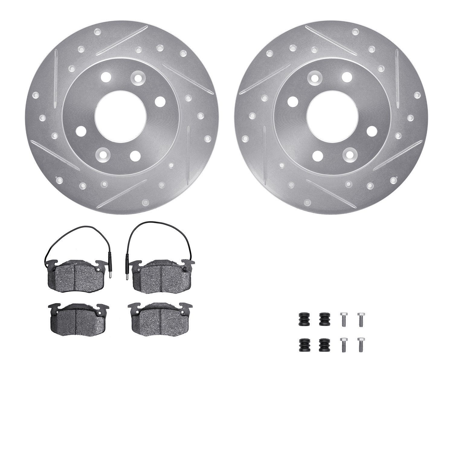 7512-23019 Drilled/Slotted Brake Rotors w/5000 Advanced Brake Pads Kit & Hardware [Silver], 1983-1983 Renault, Position: Front