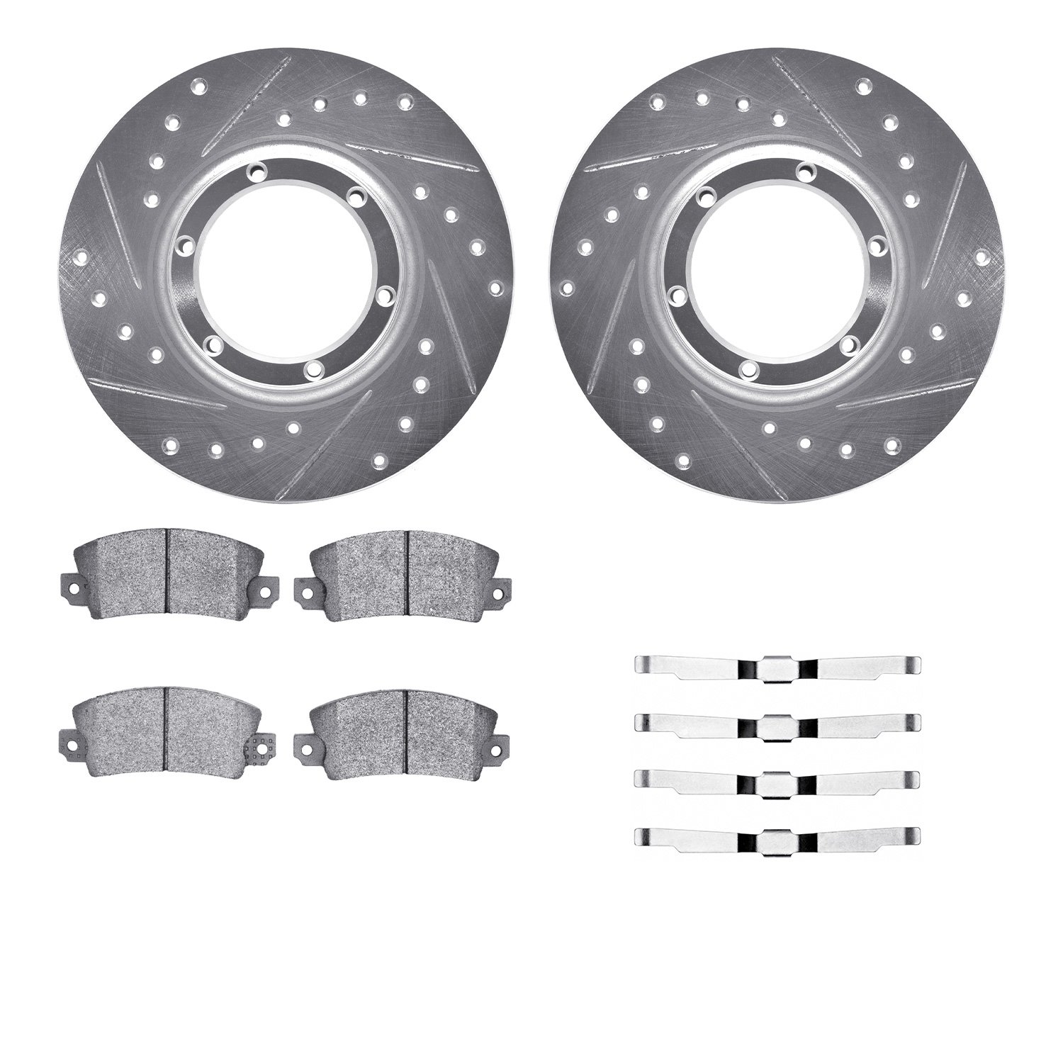 7512-23025 Drilled/Slotted Brake Rotors w/5000 Advanced Brake Pads Kit & Hardware [Silver], 1976-1983 Renault, Position: Front