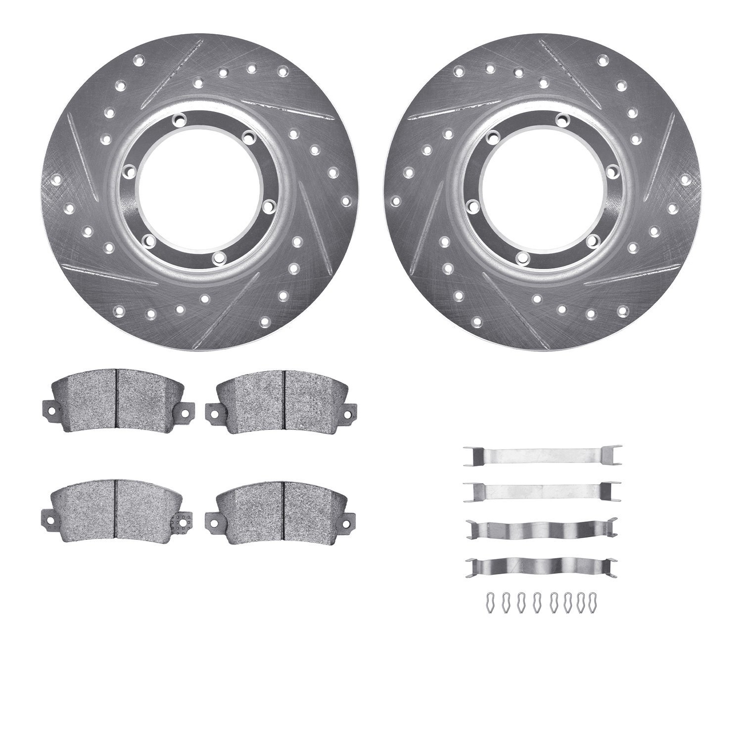 7512-23034 Drilled/Slotted Brake Rotors w/5000 Advanced Brake Pads Kit & Hardware [Silver], 1971-1983 Renault, Position: Front