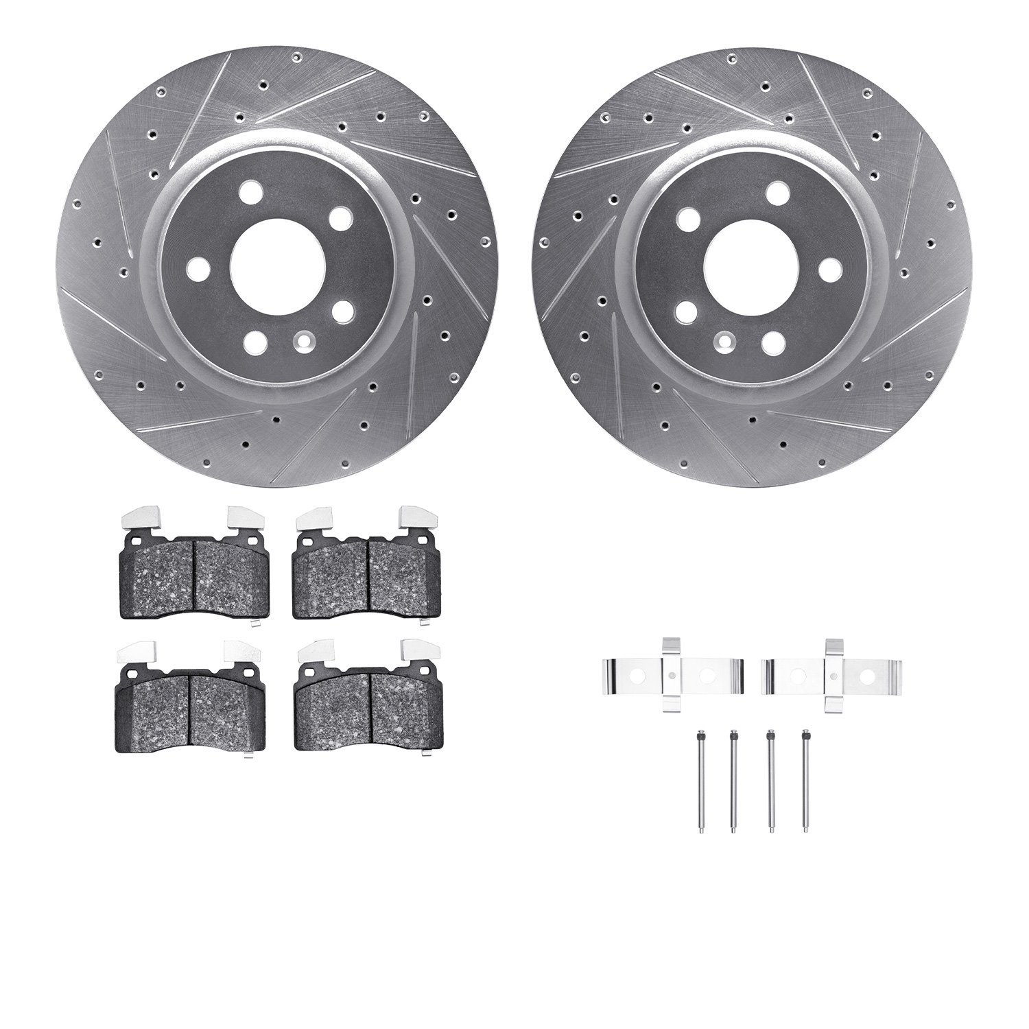 7512-26003 Drilled/Slotted Brake Rotors w/5000 Advanced Brake Pads Kit & Hardware [Silver], 2012-2013 Tesla, Position: Front