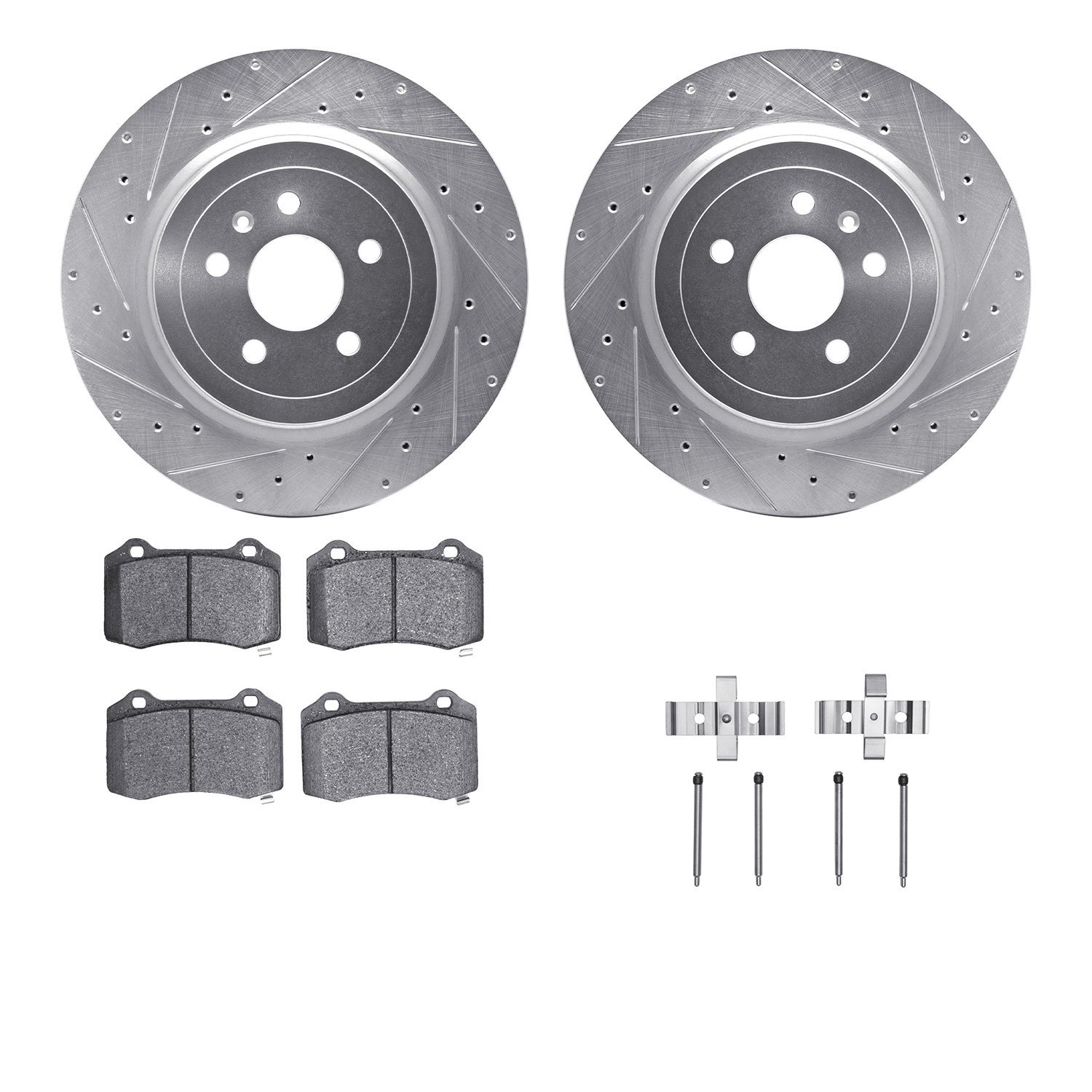 7512-26005 Drilled/Slotted Brake Rotors w/5000 Advanced Brake Pads Kit & Hardware [Silver], 2012-2020 Tesla, Position: Rear