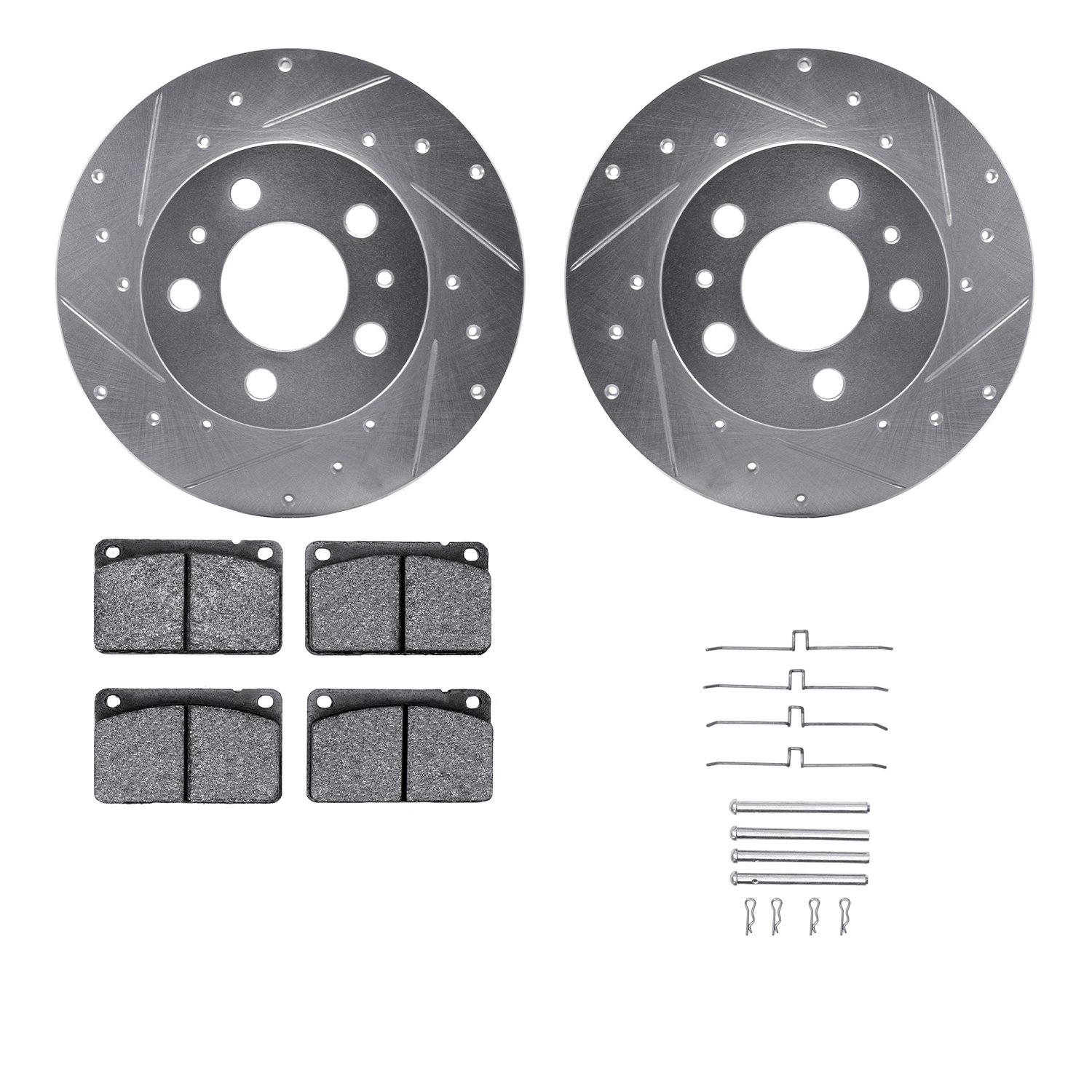 7512-27000 Drilled/Slotted Brake Rotors w/5000 Advanced Brake Pads Kit & Hardware [Silver], 1967-1972 Volvo, Position: Front