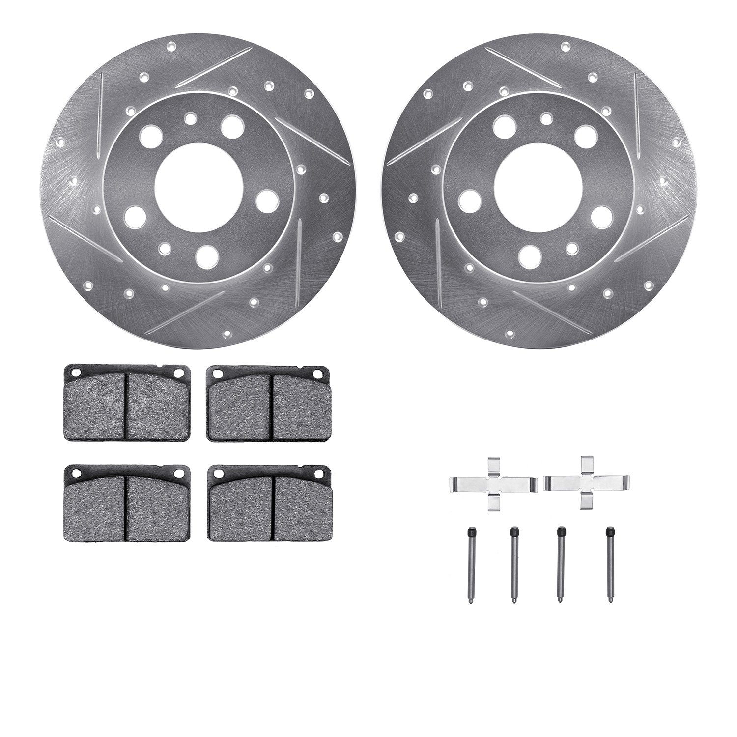7512-27003 Drilled/Slotted Brake Rotors w/5000 Advanced Brake Pads Kit & Hardware [Silver], 1975-1975 Volvo, Position: Front