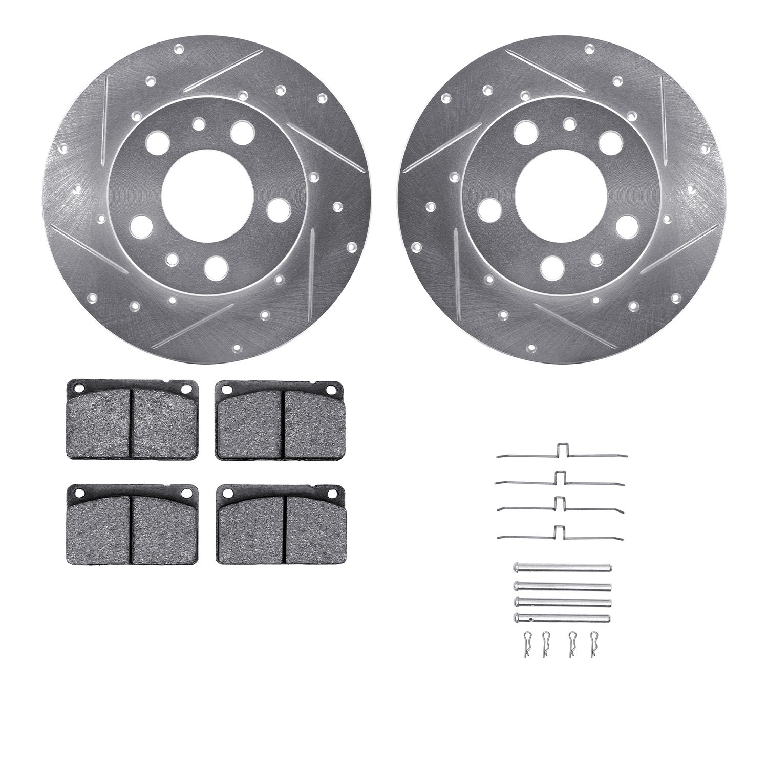 7512-27004 Drilled/Slotted Brake Rotors w/5000 Advanced Brake Pads Kit & Hardware [Silver], 1975-1987 Volvo, Position: Front