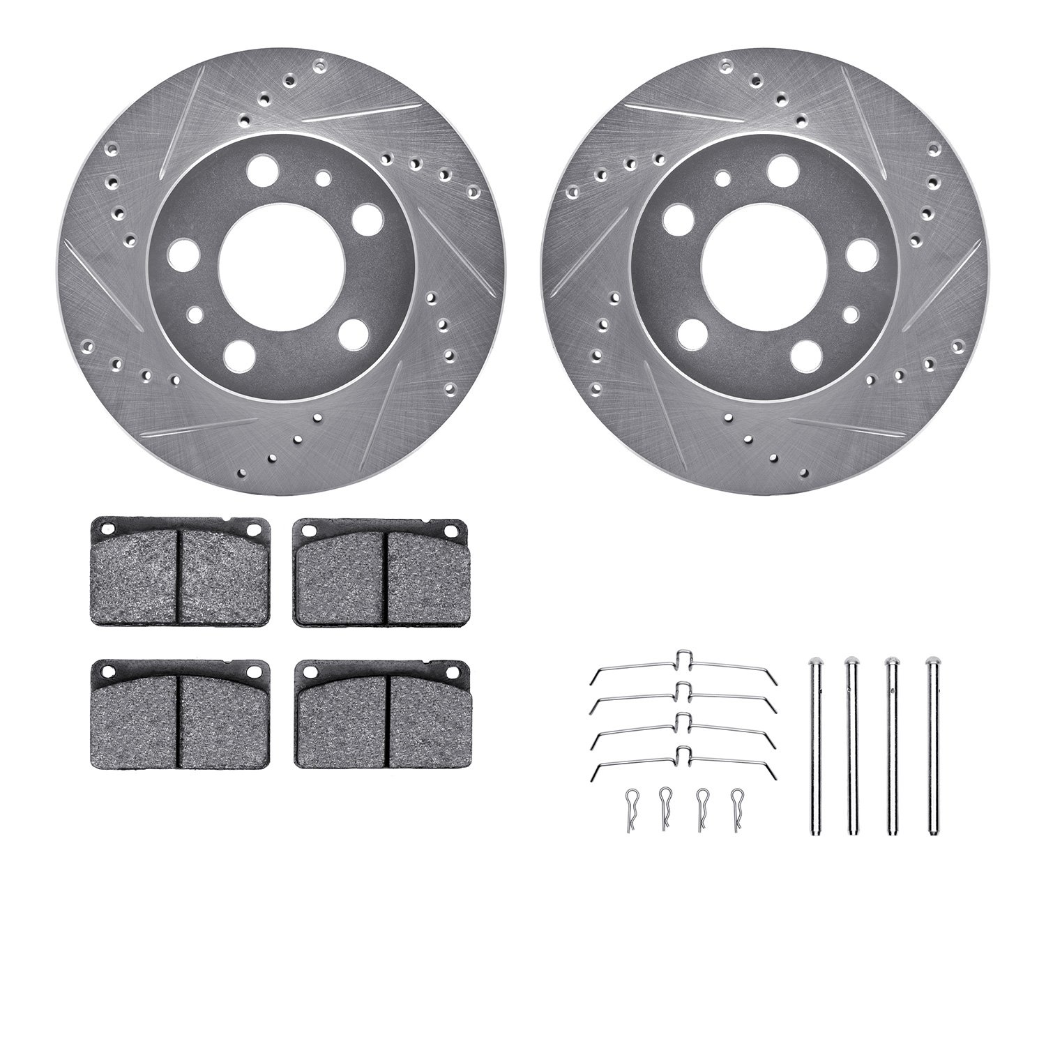 7512-27008 Drilled/Slotted Brake Rotors w/5000 Advanced Brake Pads Kit & Hardware [Silver], 1976-1993 Volvo, Position: Front