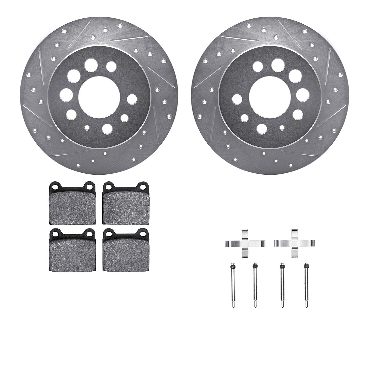7512-27009 Drilled/Slotted Brake Rotors w/5000 Advanced Brake Pads Kit & Hardware [Silver], 1975-1997 Volvo, Position: Rear