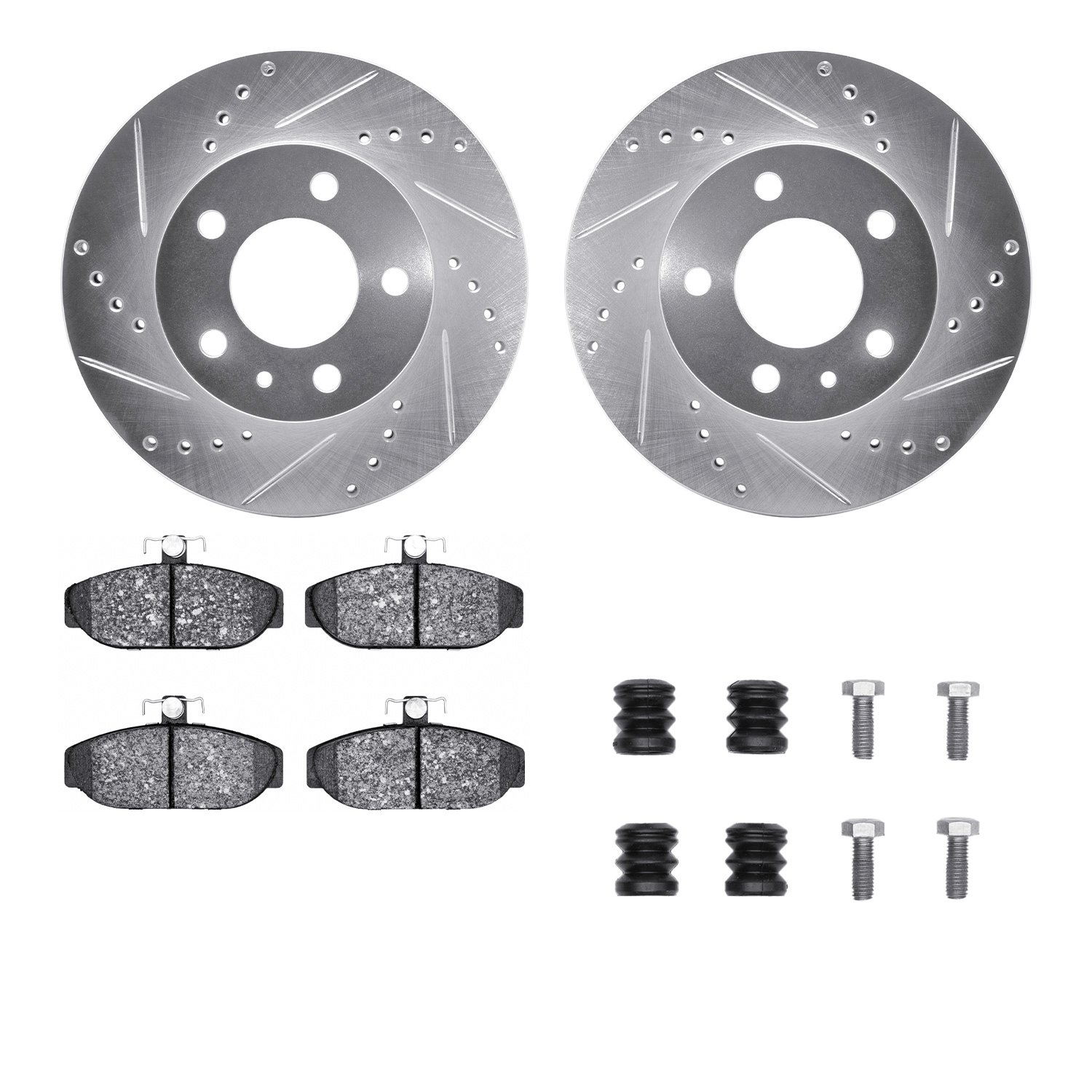 7512-27015 Drilled/Slotted Brake Rotors w/5000 Advanced Brake Pads Kit & Hardware [Silver], 1983-1990 Volvo, Position: Front