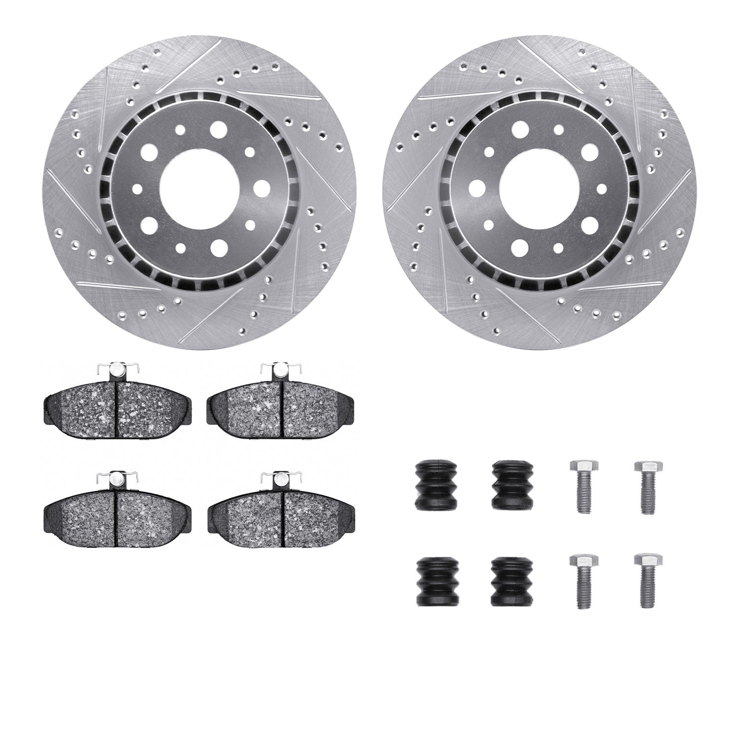 7512-27016 Drilled/Slotted Brake Rotors w/5000 Advanced Brake Pads Kit & Hardware [Silver], 1983-1992 Volvo, Position: Front