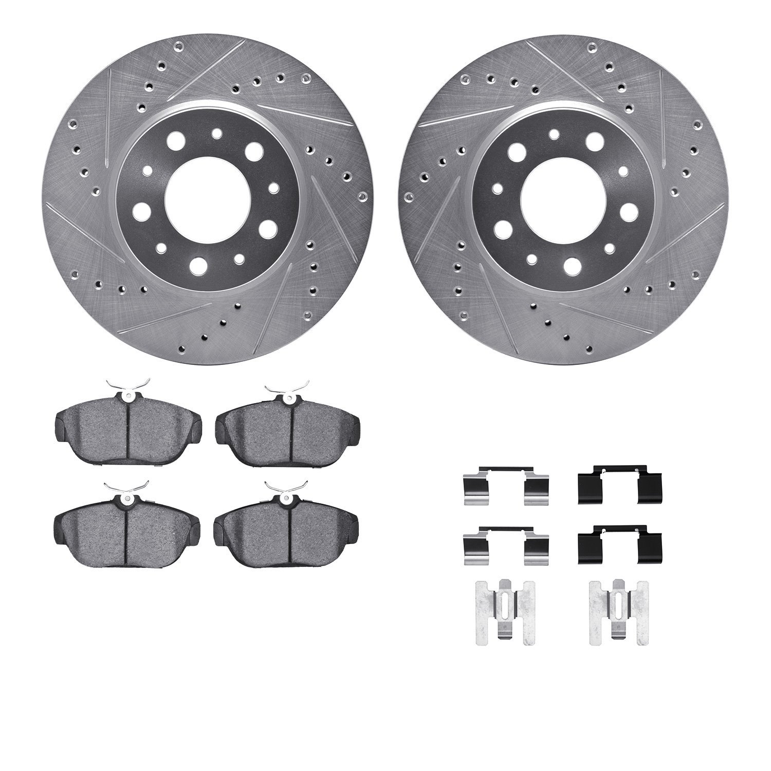 7512-27018 Drilled/Slotted Brake Rotors w/5000 Advanced Brake Pads Kit & Hardware [Silver], 1991-1995 Volvo, Position: Front