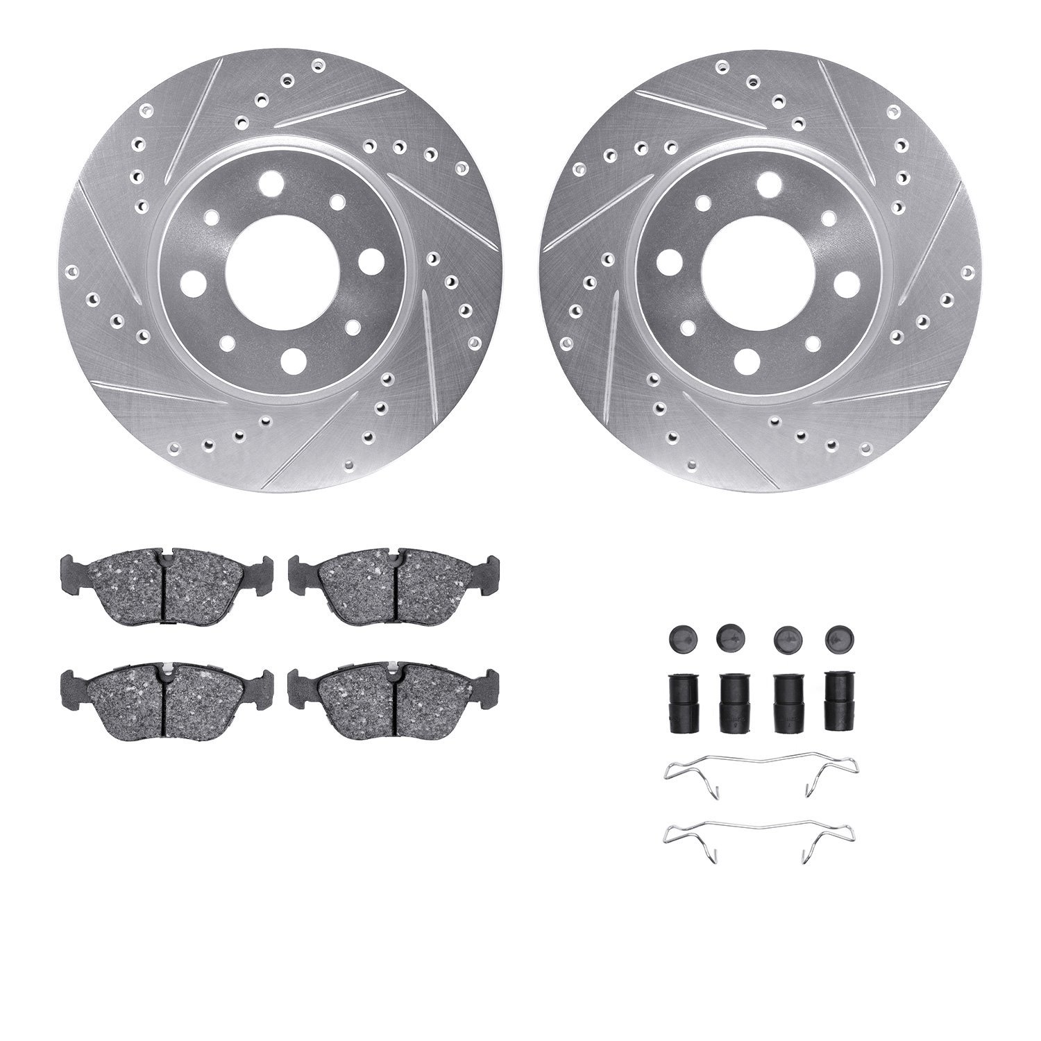 7512-27019 Drilled/Slotted Brake Rotors w/5000 Advanced Brake Pads Kit & Hardware [Silver], 1993-1995 Volvo, Position: Front