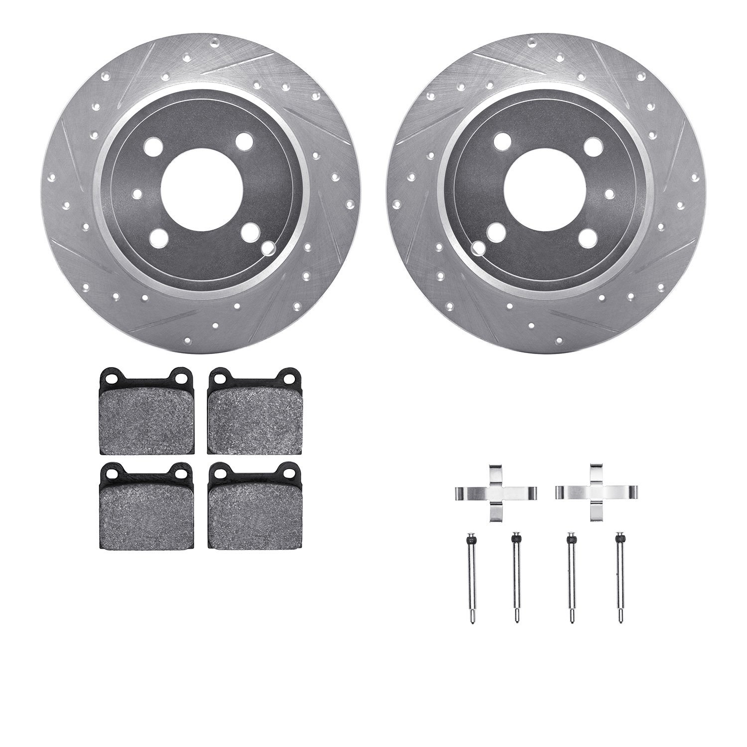 7512-27020 Drilled/Slotted Brake Rotors w/5000 Advanced Brake Pads Kit & Hardware [Silver], 1993-1995 Volvo, Position: Rear