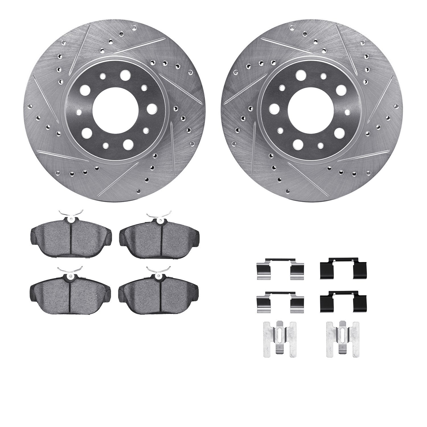 7512-27021 Drilled/Slotted Brake Rotors w/5000 Advanced Brake Pads Kit & Hardware [Silver], 1995-1998 Volvo, Position: Front
