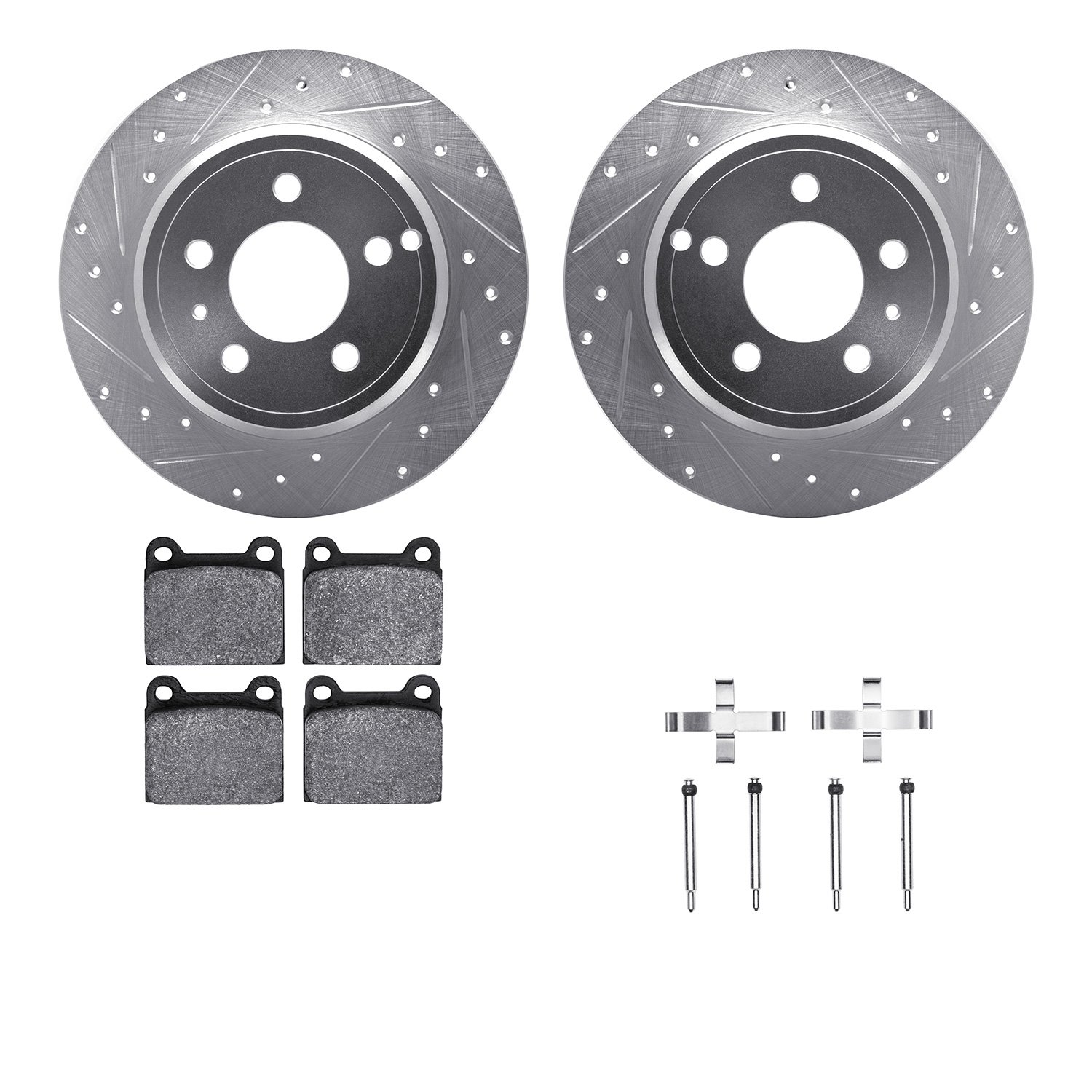 7512-27023 Drilled/Slotted Brake Rotors w/5000 Advanced Brake Pads Kit & Hardware [Silver], 1996-2004 Volvo, Position: Rear