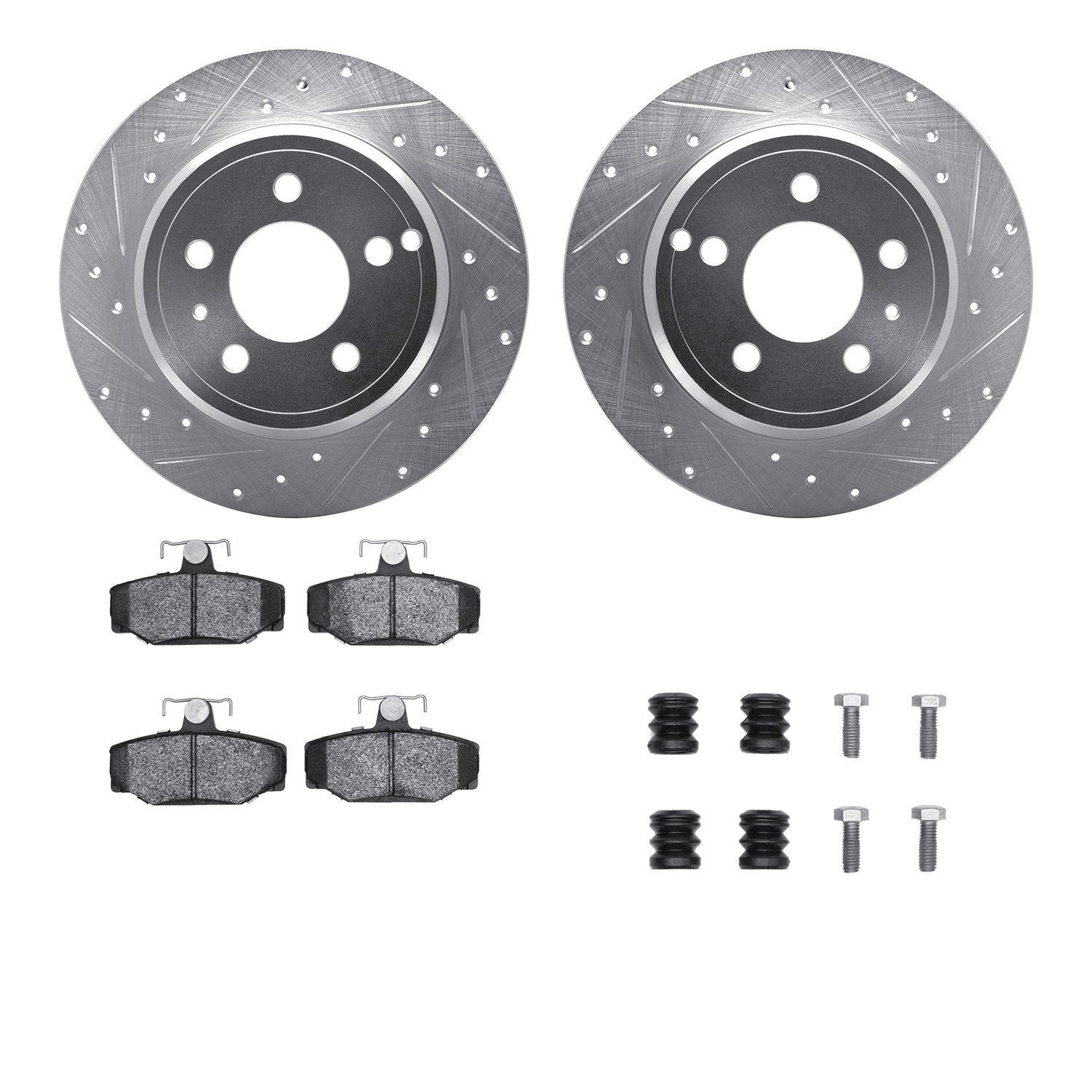 7512-27024 Drilled/Slotted Brake Rotors w/5000 Advanced Brake Pads Kit & Hardware [Silver], 1996-1997 Volvo, Position: Rear