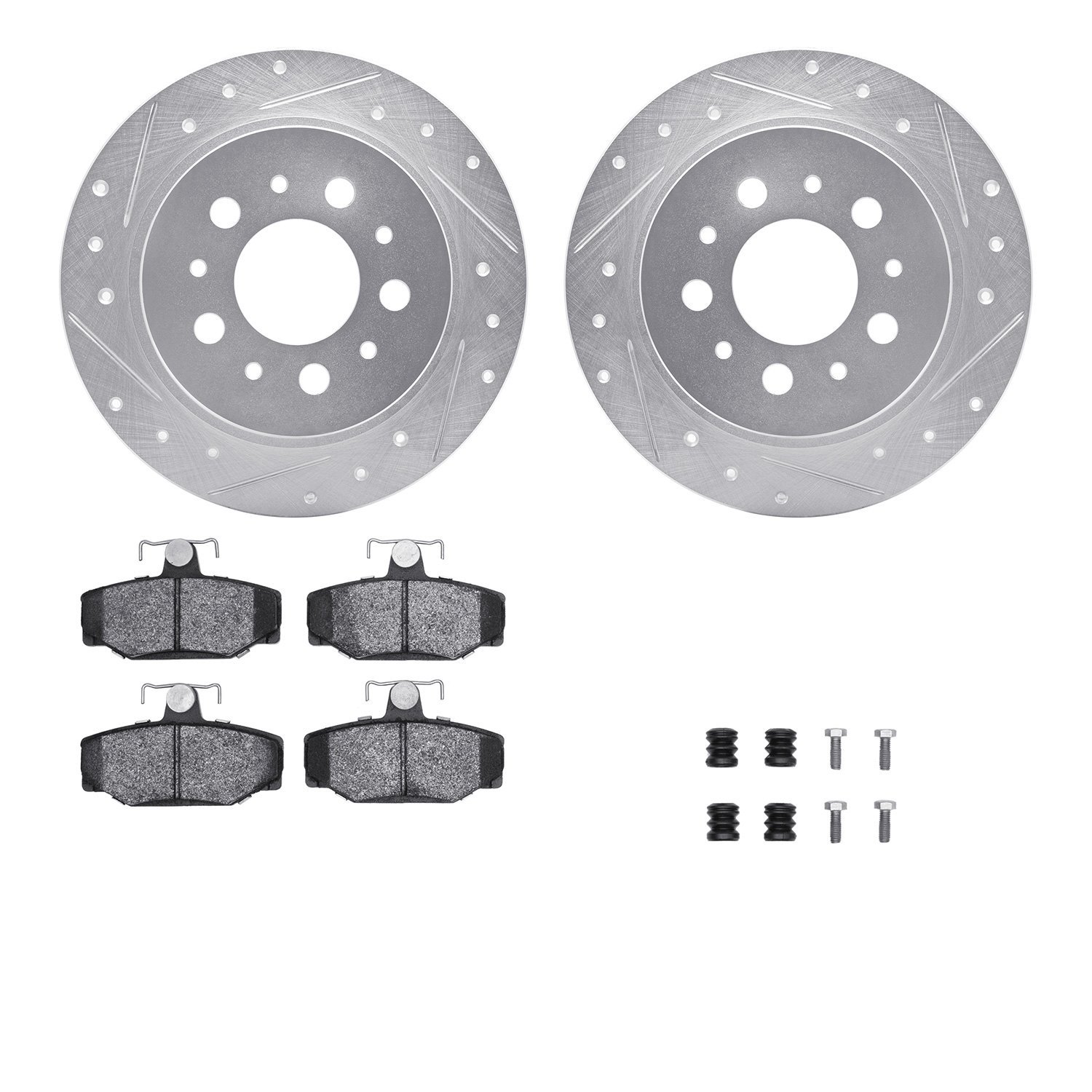 7512-27025 Drilled/Slotted Brake Rotors w/5000 Advanced Brake Pads Kit & Hardware [Silver], 1995-1997 Volvo, Position: Rear