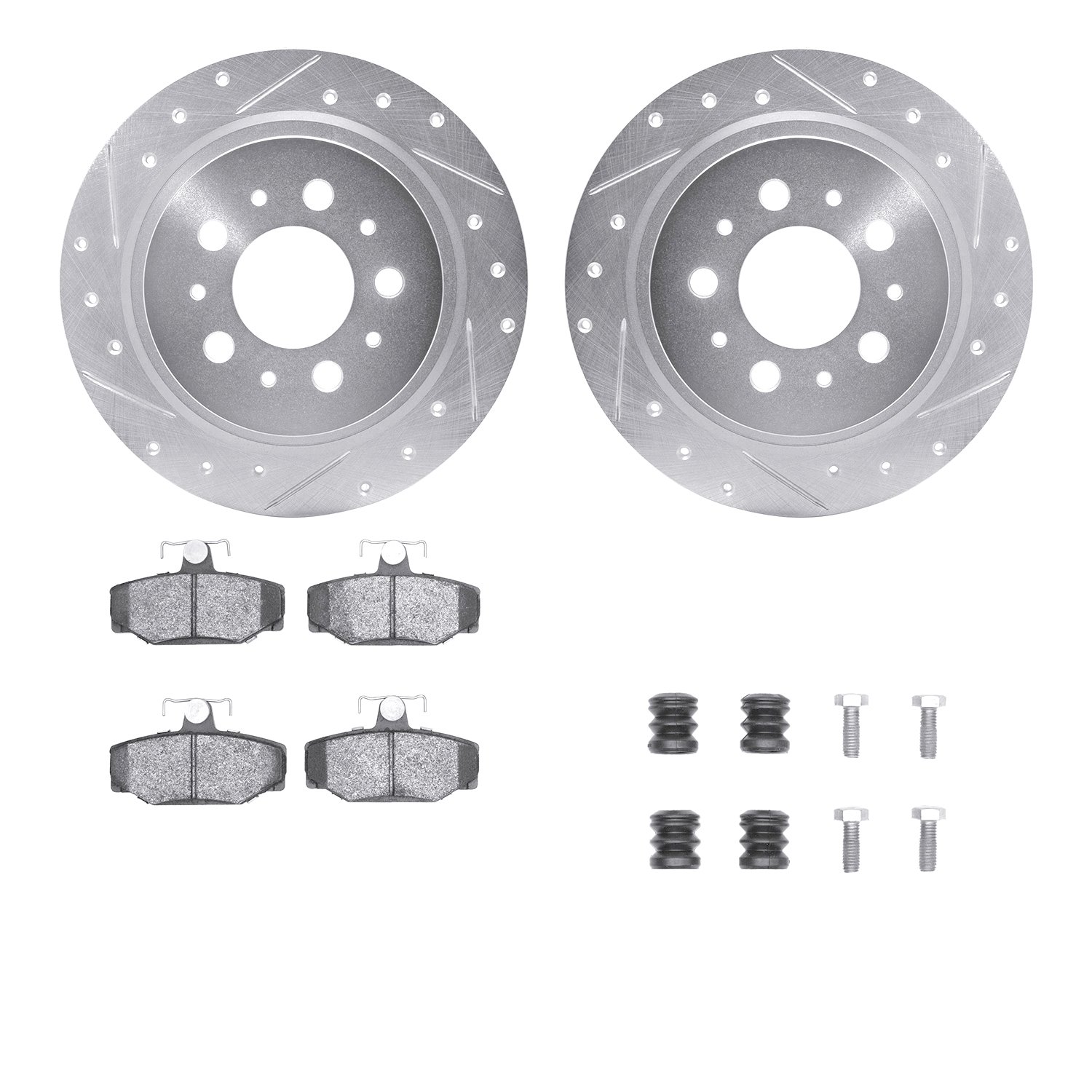 7512-27026 Drilled/Slotted Brake Rotors w/5000 Advanced Brake Pads Kit & Hardware [Silver], 1997-1998 Volvo, Position: Rear