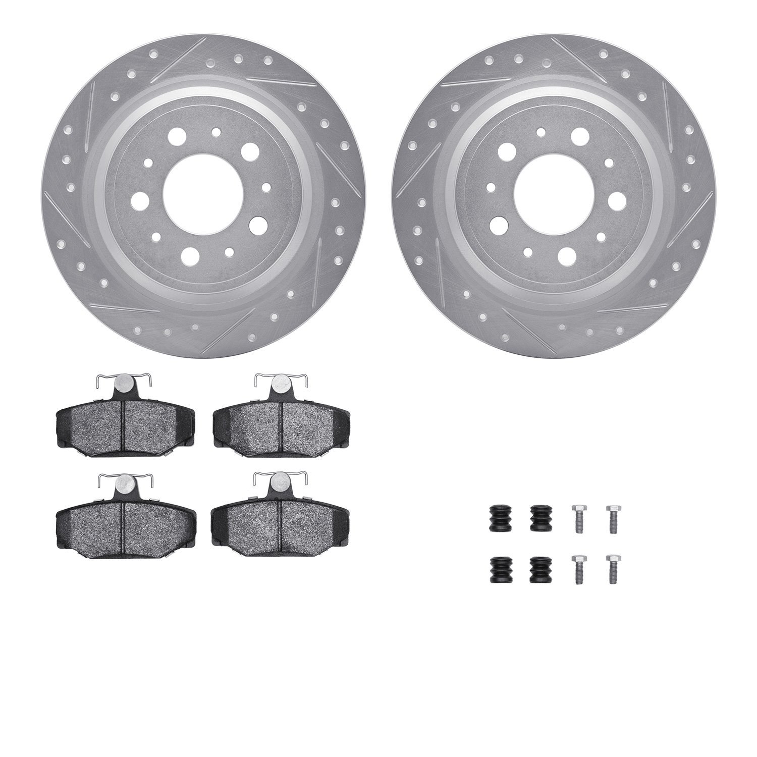 7512-27028 Drilled/Slotted Brake Rotors w/5000 Advanced Brake Pads Kit & Hardware [Silver], 1998-2000 Volvo, Position: Rear
