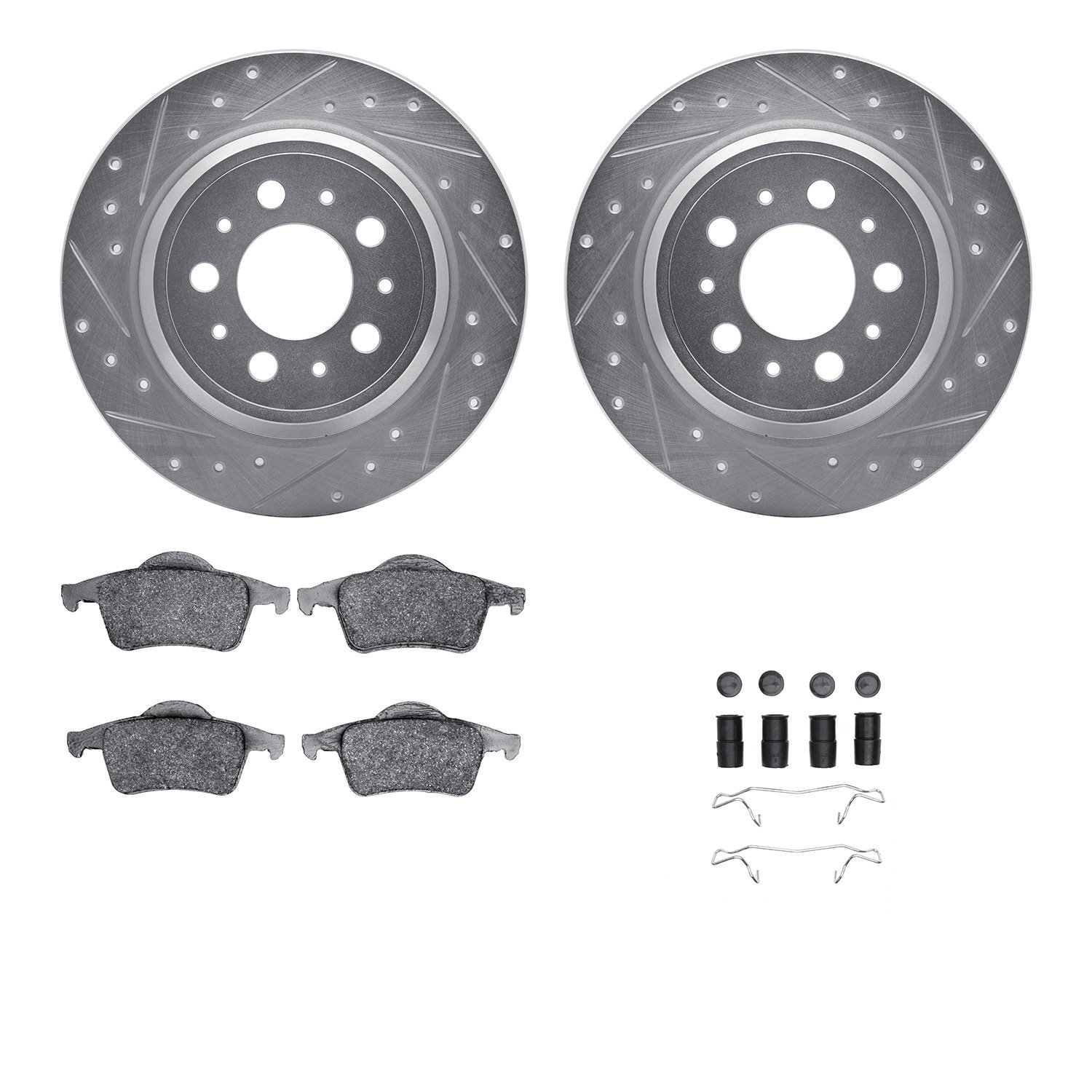 7512-27029 Drilled/Slotted Brake Rotors w/5000 Advanced Brake Pads Kit & Hardware [Silver], 1999-2009 Volvo, Position: Rear