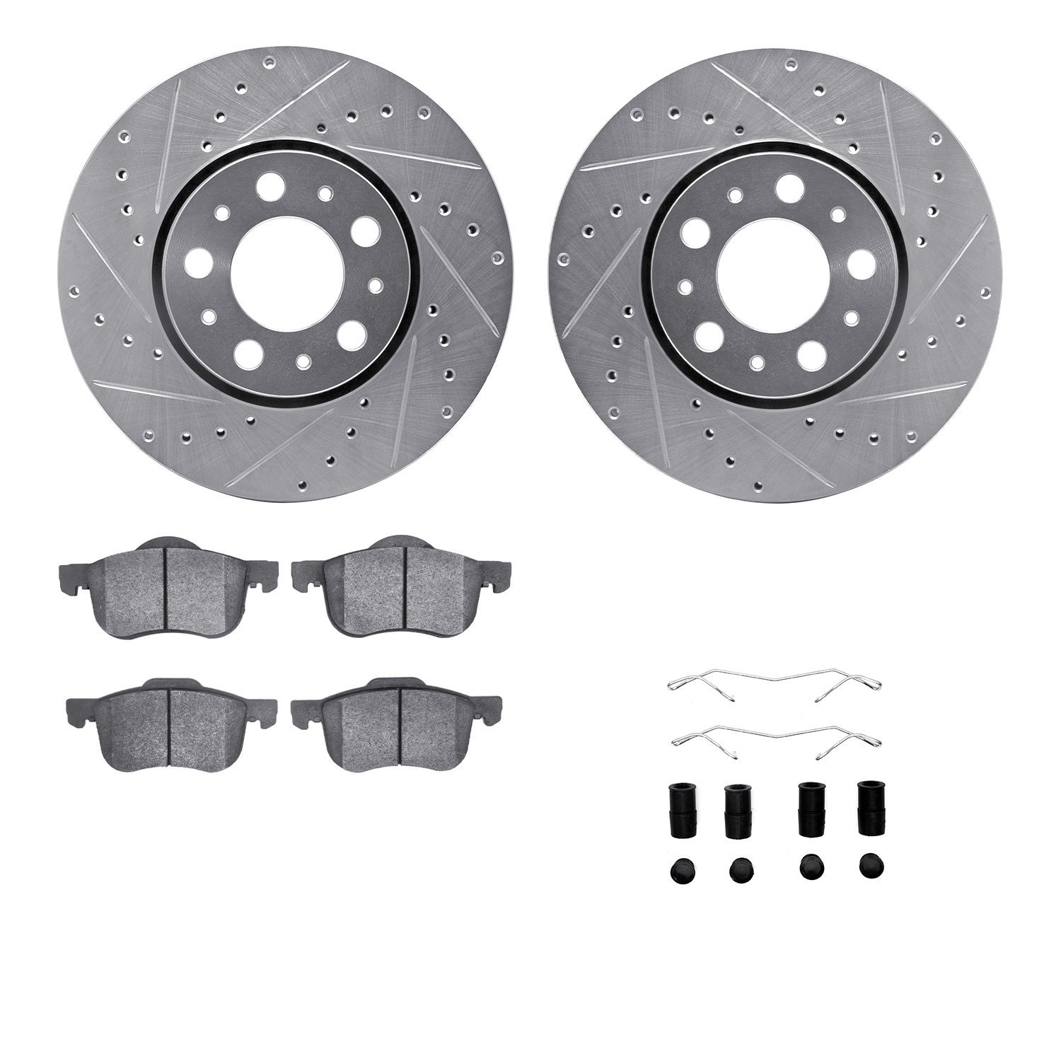 7512-27030 Drilled/Slotted Brake Rotors w/5000 Advanced Brake Pads Kit & Hardware [Silver], 1999-2009 Volvo, Position: Front