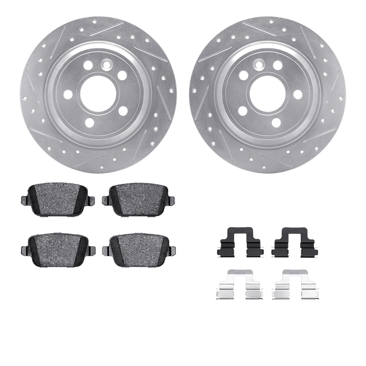 7512-27040 Drilled/Slotted Brake Rotors w/5000 Advanced Brake Pads Kit & Hardware [Silver], 2007-2010 Volvo, Position: Rear