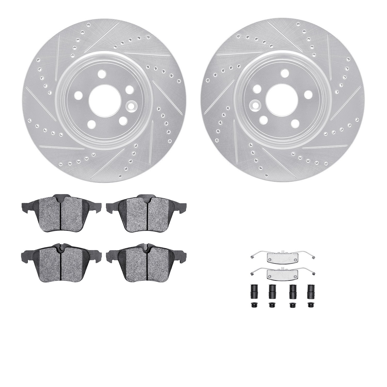 7512-27045 Drilled/Slotted Brake Rotors w/5000 Advanced Brake Pads Kit & Hardware [Silver], 2007-2016 Volvo, Position: Front