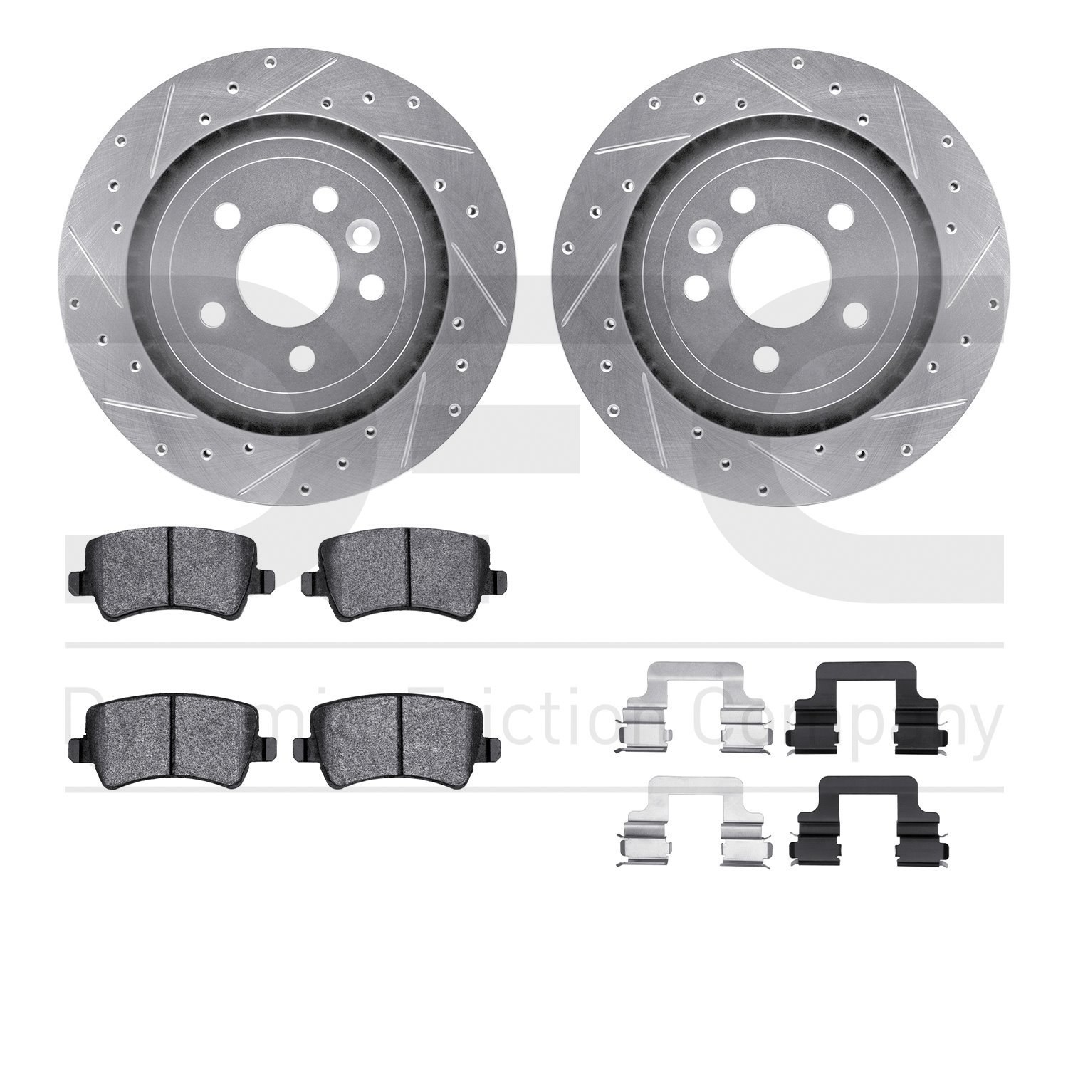 7512-27046 Drilled/Slotted Brake Rotors w/5000 Advanced Brake Pads Kit & Hardware [Silver], 2007-2015 Volvo, Position: Rear