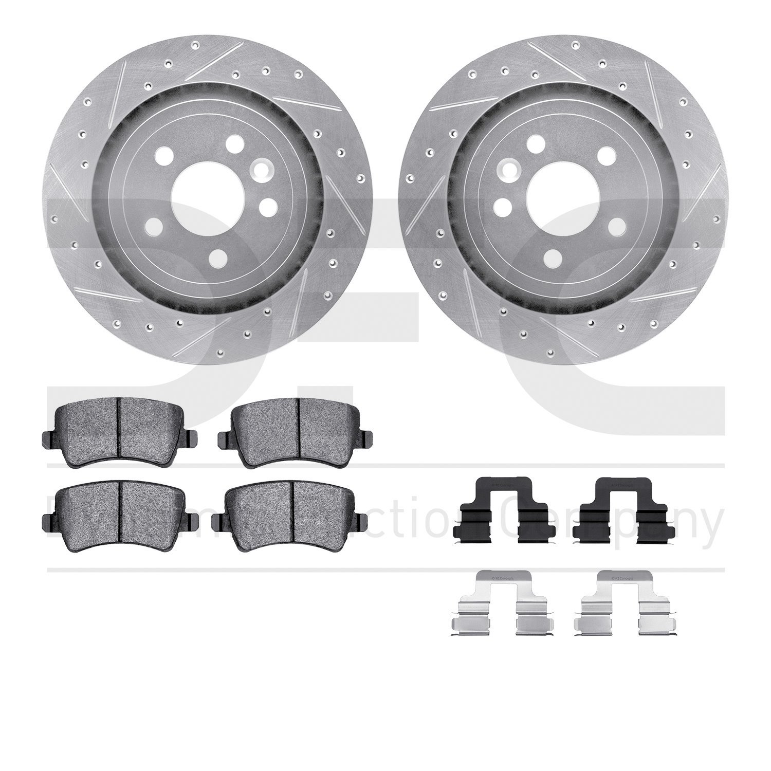 7512-27047 Drilled/Slotted Brake Rotors w/5000 Advanced Brake Pads Kit & Hardware [Silver], 2008-2008 Volvo, Position: Rear