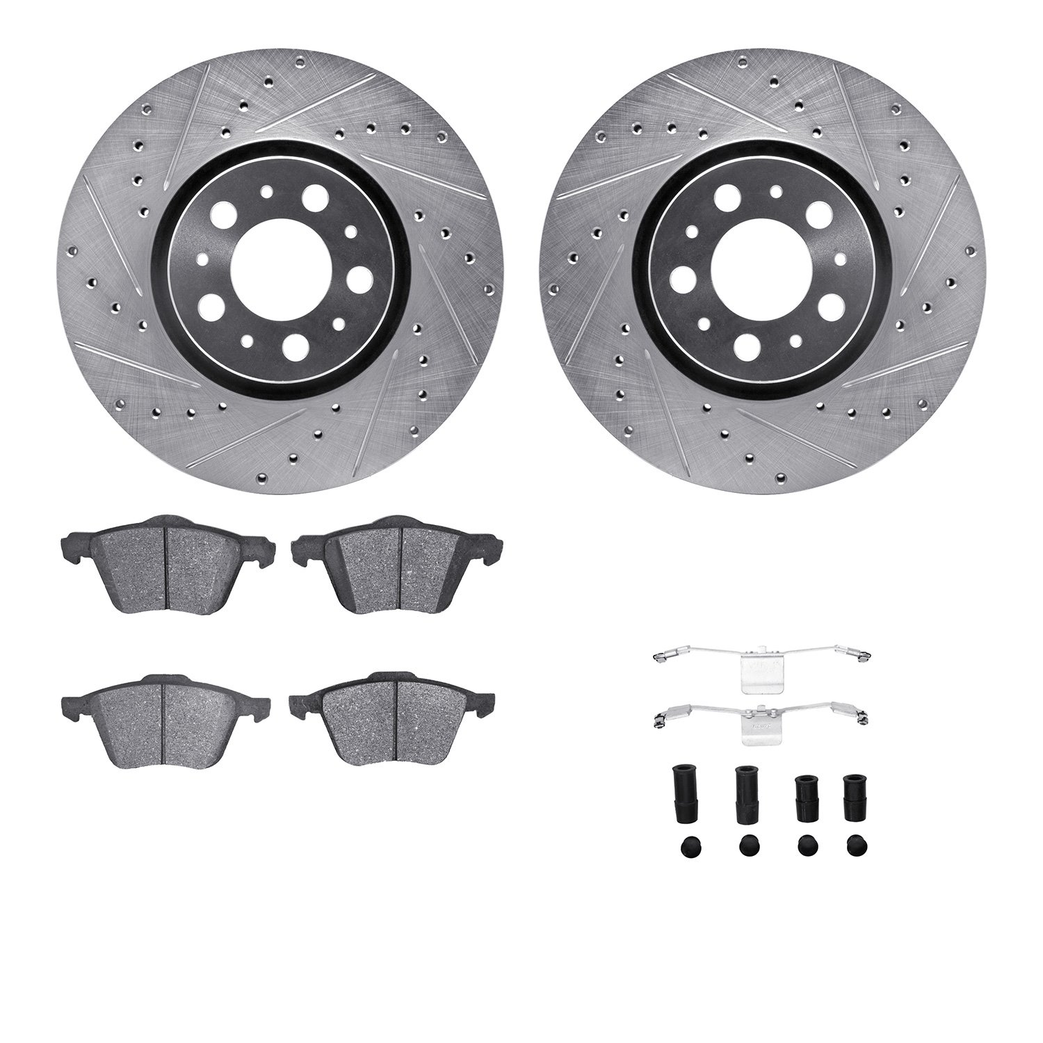 7512-27052 Drilled/Slotted Brake Rotors w/5000 Advanced Brake Pads Kit & Hardware [Silver], 2003-2009 Volvo, Position: Front