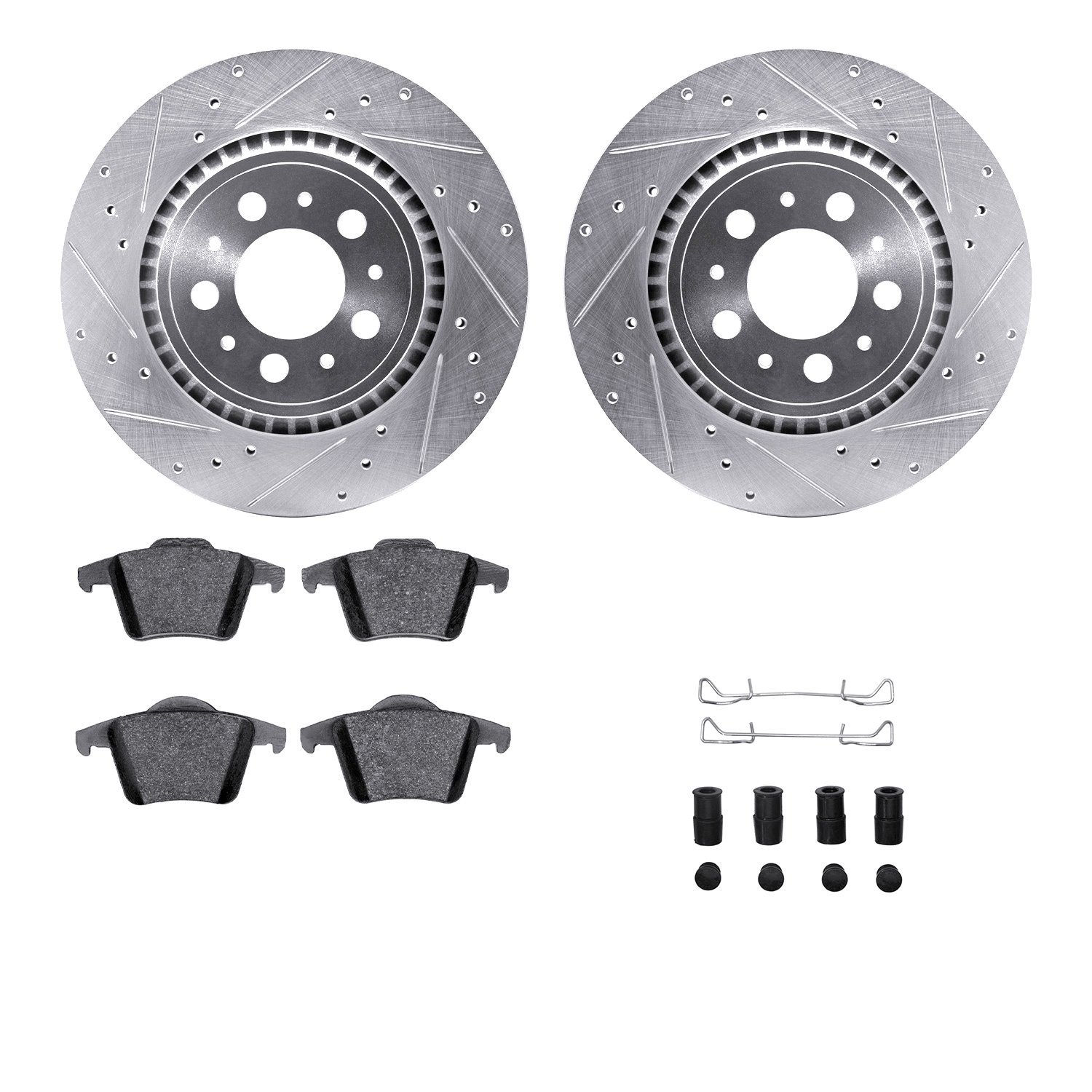 7512-27053 Drilled/Slotted Brake Rotors w/5000 Advanced Brake Pads Kit & Hardware [Silver], 2003-2014 Volvo, Position: Rear