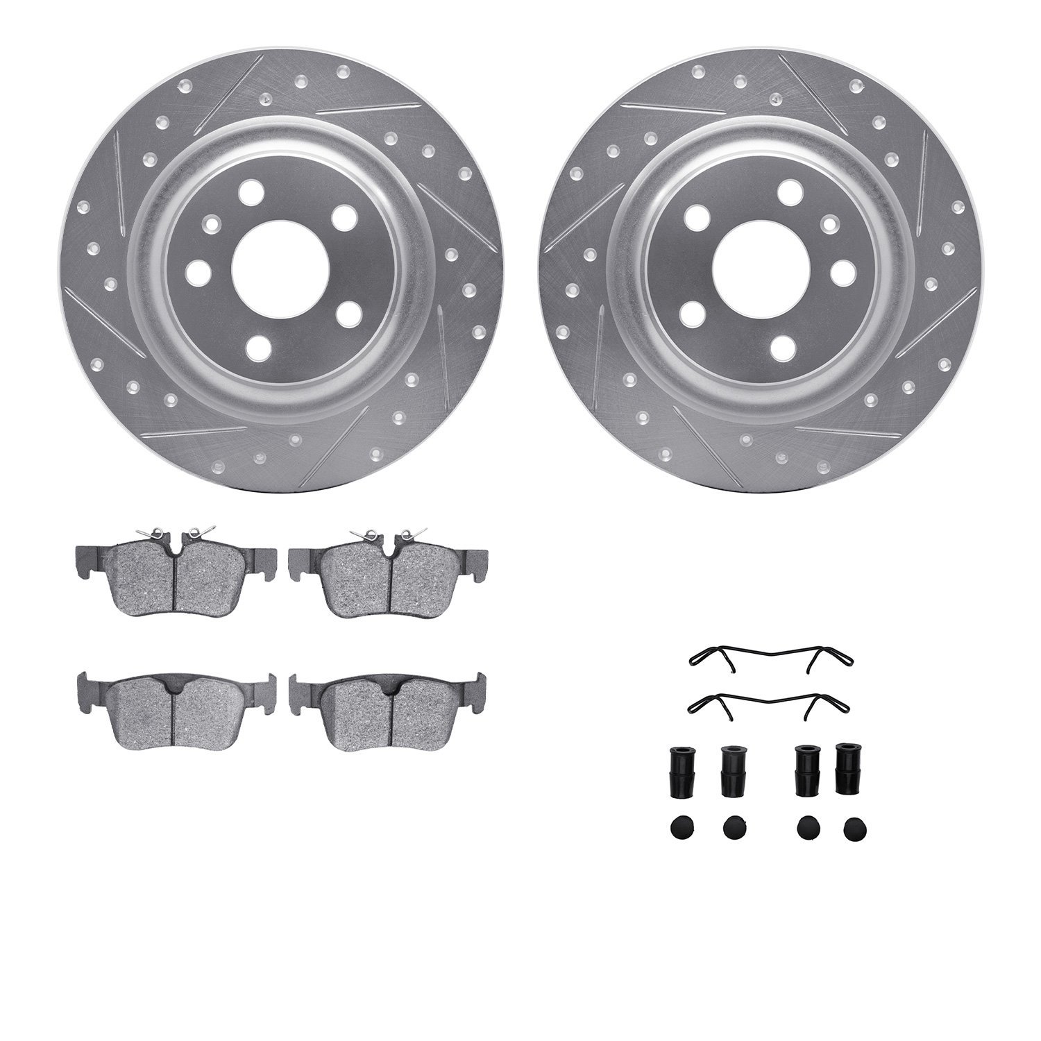 7512-27057 Drilled/Slotted Brake Rotors w/5000 Advanced Brake Pads Kit & Hardware [Silver], 2018-2020 Volvo, Position: Rear