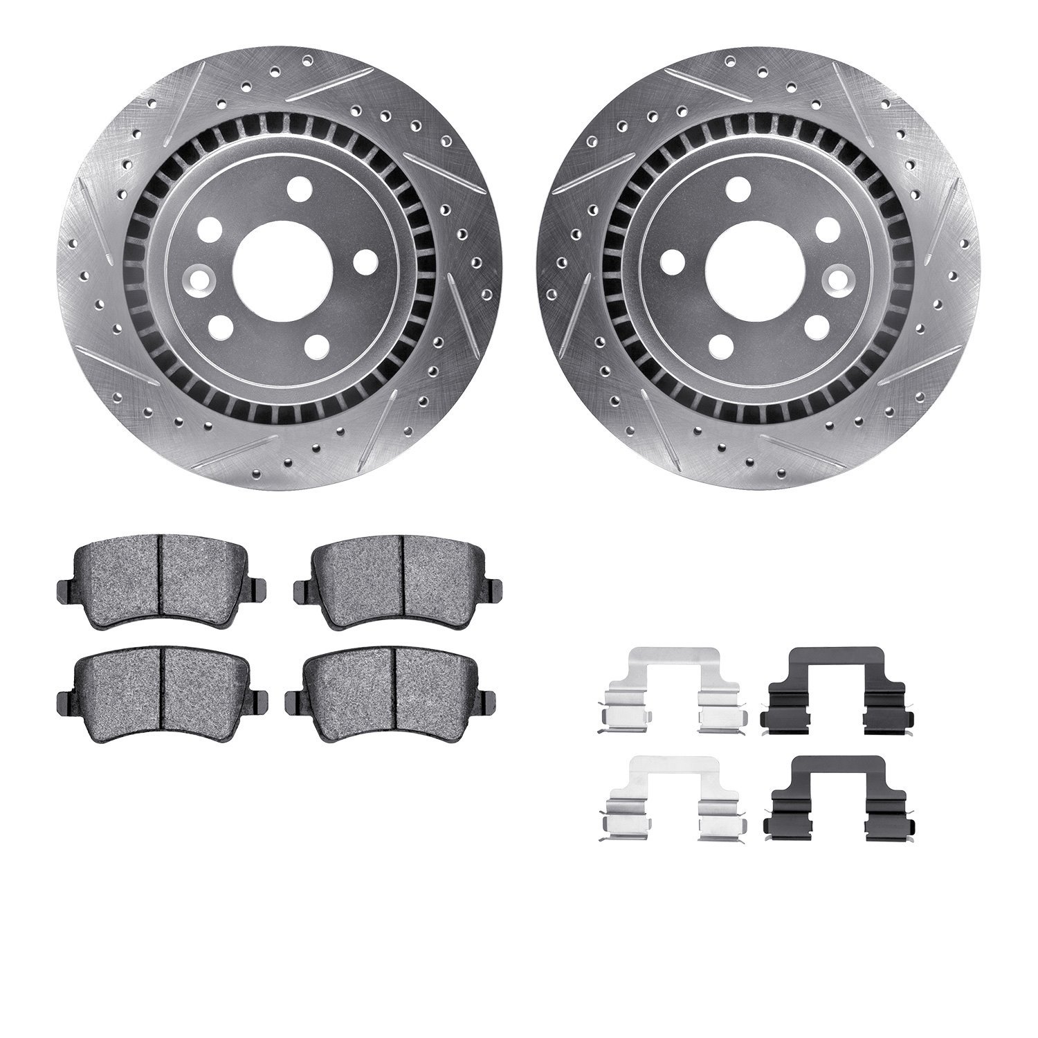 7512-27063 Drilled/Slotted Brake Rotors w/5000 Advanced Brake Pads Kit & Hardware [Silver], 2010-2017 Volvo, Position: Rear
