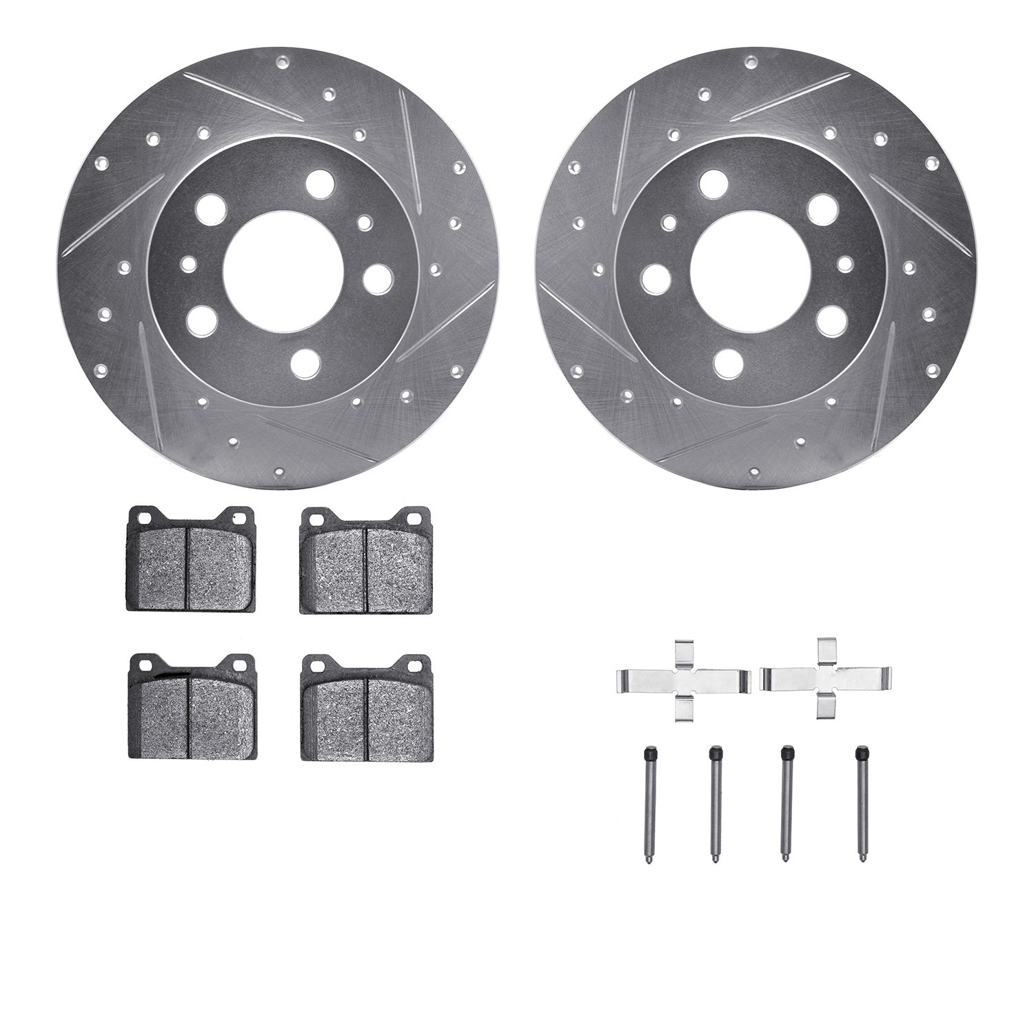 7512-27068 Drilled/Slotted Brake Rotors w/5000 Advanced Brake Pads Kit & Hardware [Silver], 1967-1972 Volvo, Position: Front