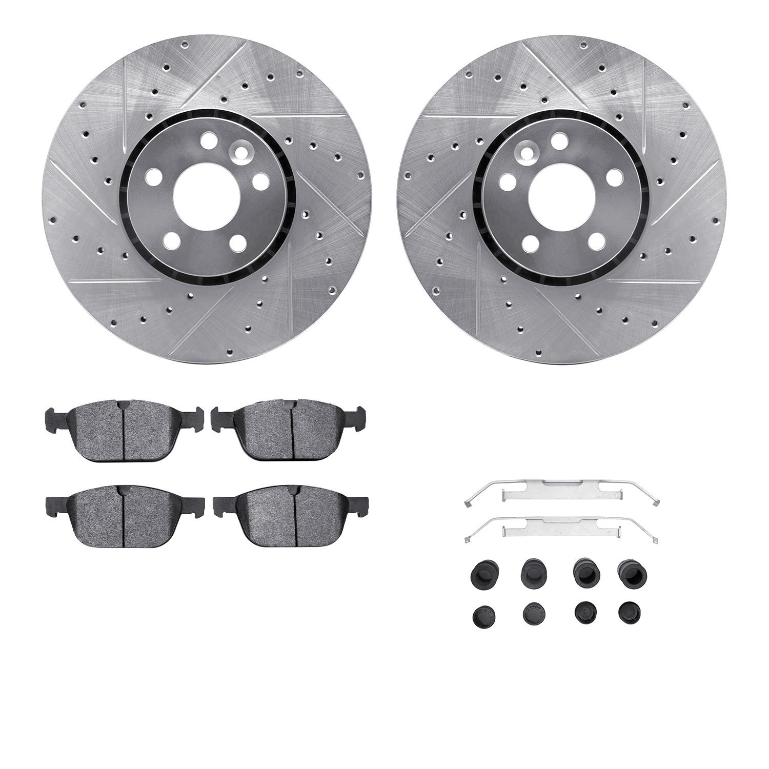 7512-27070 Drilled/Slotted Brake Rotors w/5000 Advanced Brake Pads Kit & Hardware [Silver], 2010-2016 Volvo, Position: Front