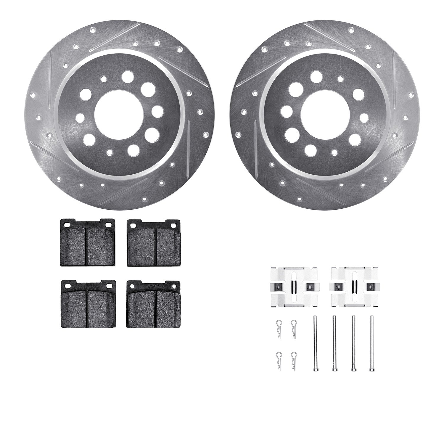 7512-27072 Drilled/Slotted Brake Rotors w/5000 Advanced Brake Pads Kit & Hardware [Silver], 1967-1974 Volvo, Position: Rear