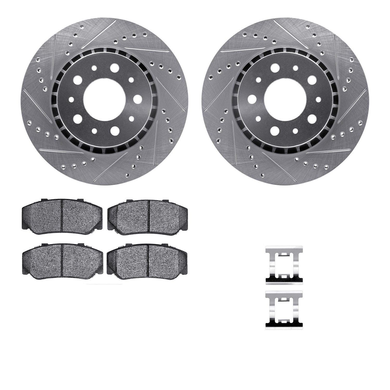 7512-27074 Drilled/Slotted Brake Rotors w/5000 Advanced Brake Pads Kit & Hardware [Silver], 1983-1987 Volvo, Position: Front