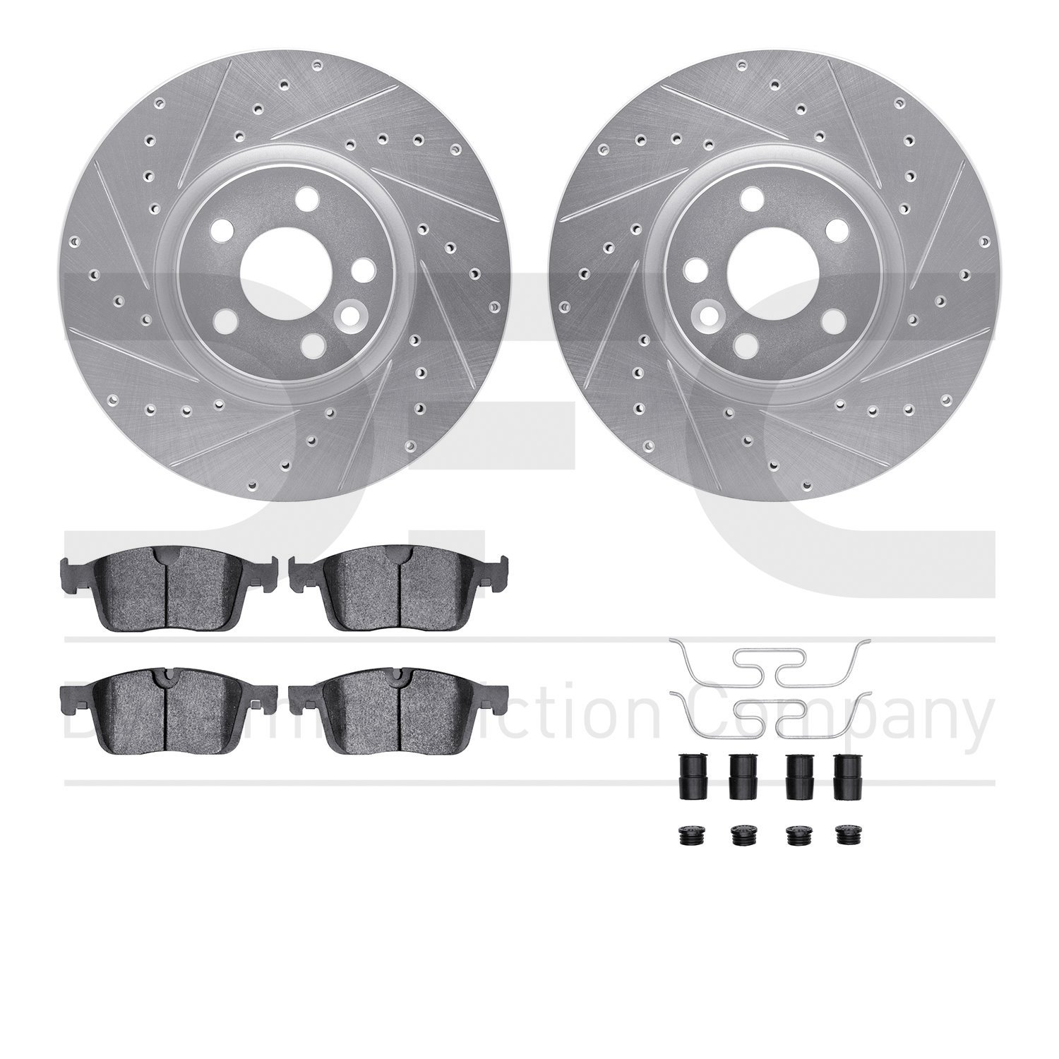 7512-27076 Drilled/Slotted Brake Rotors w/5000 Advanced Brake Pads Kit & Hardware [Silver], 2016-2017 Volvo, Position: Front
