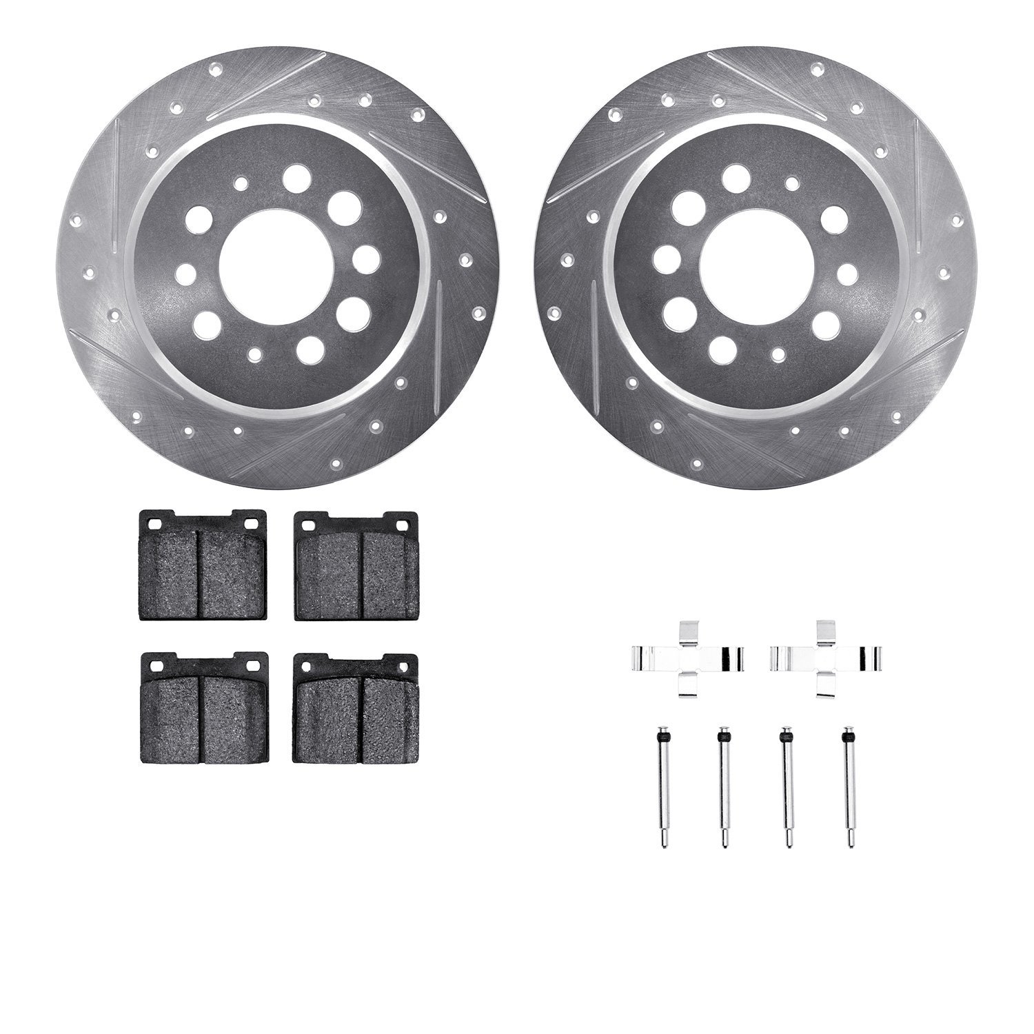 7512-27077 Drilled/Slotted Brake Rotors w/5000 Advanced Brake Pads Kit & Hardware [Silver], 1969-1971 Volvo, Position: Rear