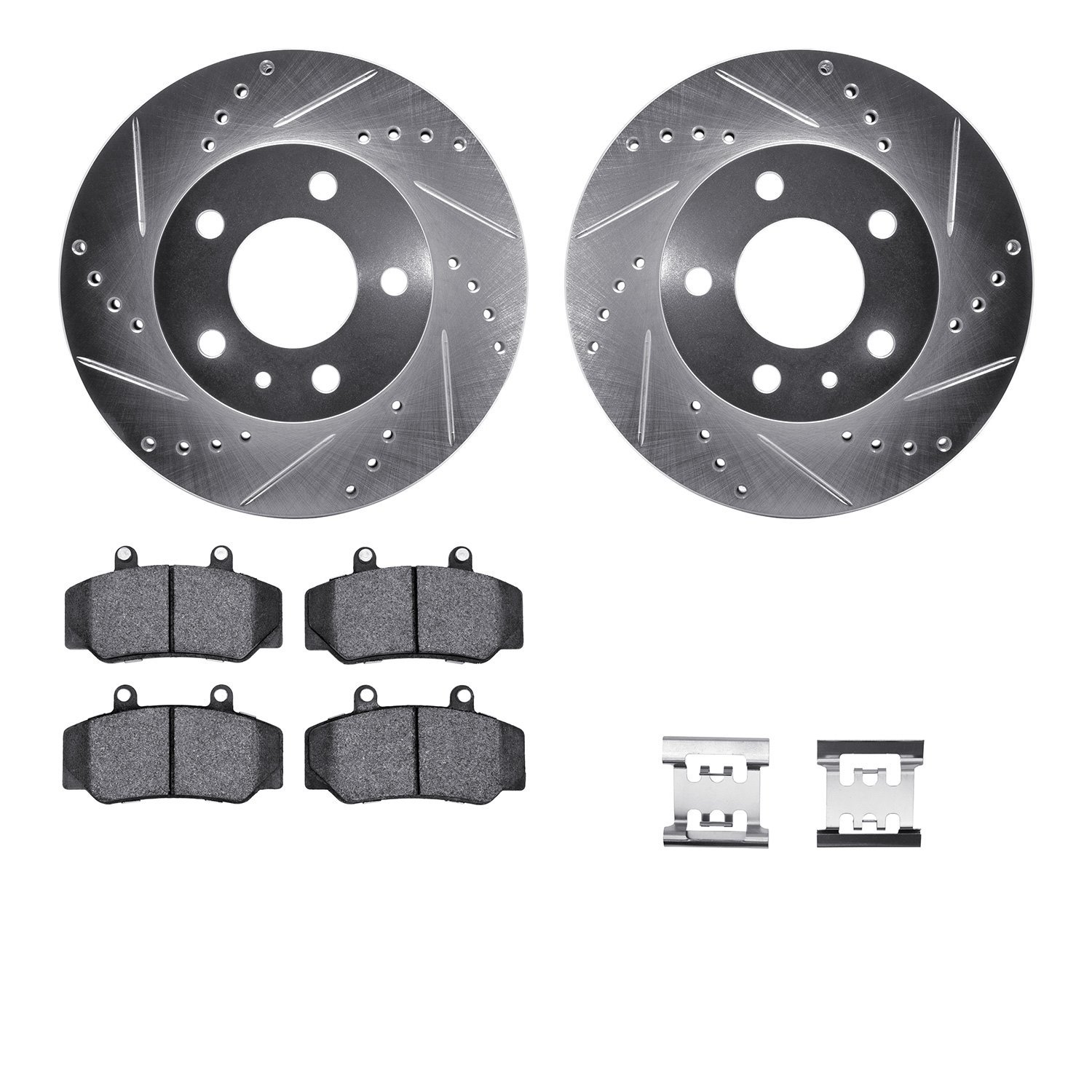 7512-27083 Drilled/Slotted Brake Rotors w/5000 Advanced Brake Pads Kit & Hardware [Silver], 1983-1990 Volvo, Position: Front