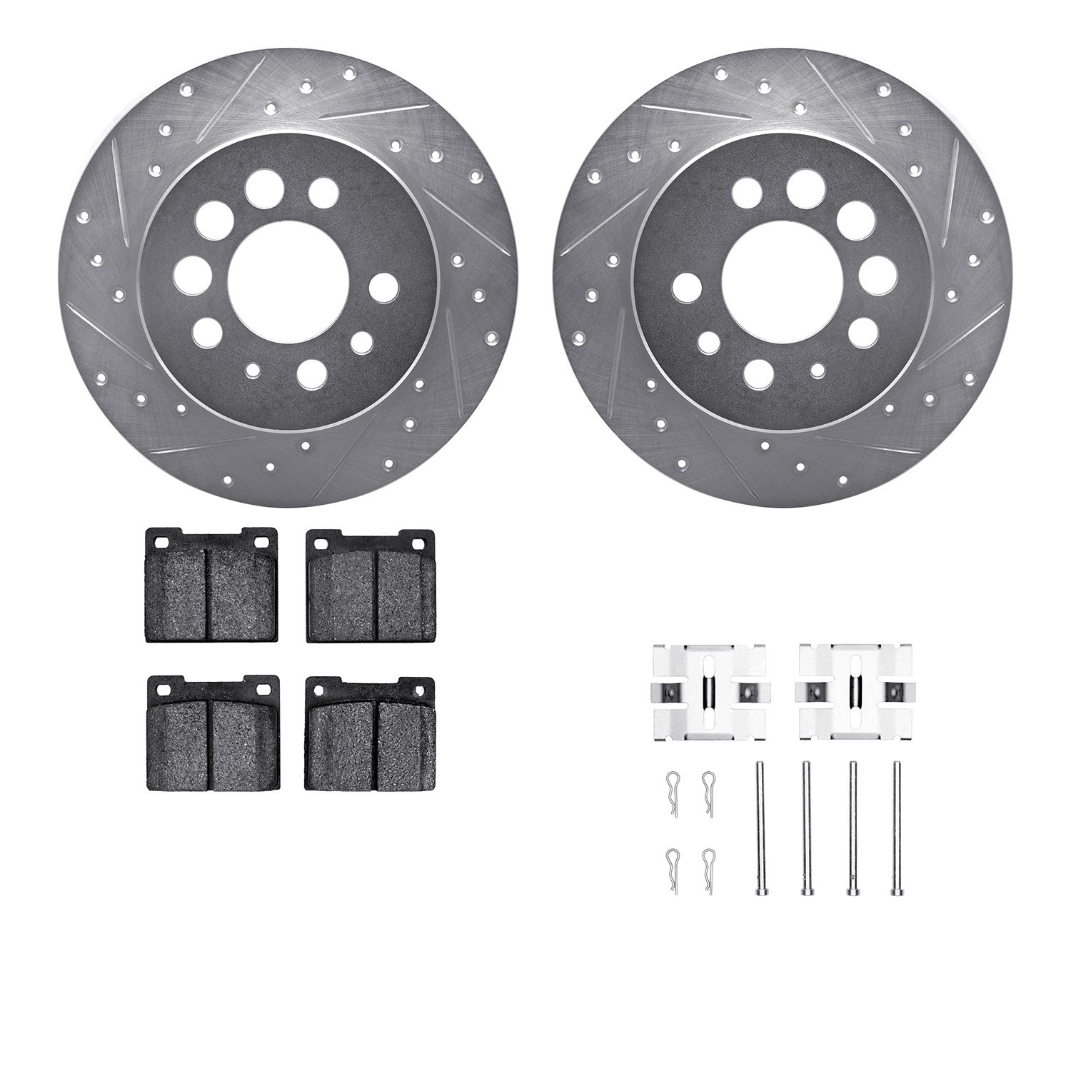 7512-27102 Drilled/Slotted Brake Rotors w/5000 Advanced Brake Pads Kit & Hardware [Silver], 1975-1987 Volvo, Position: Rear