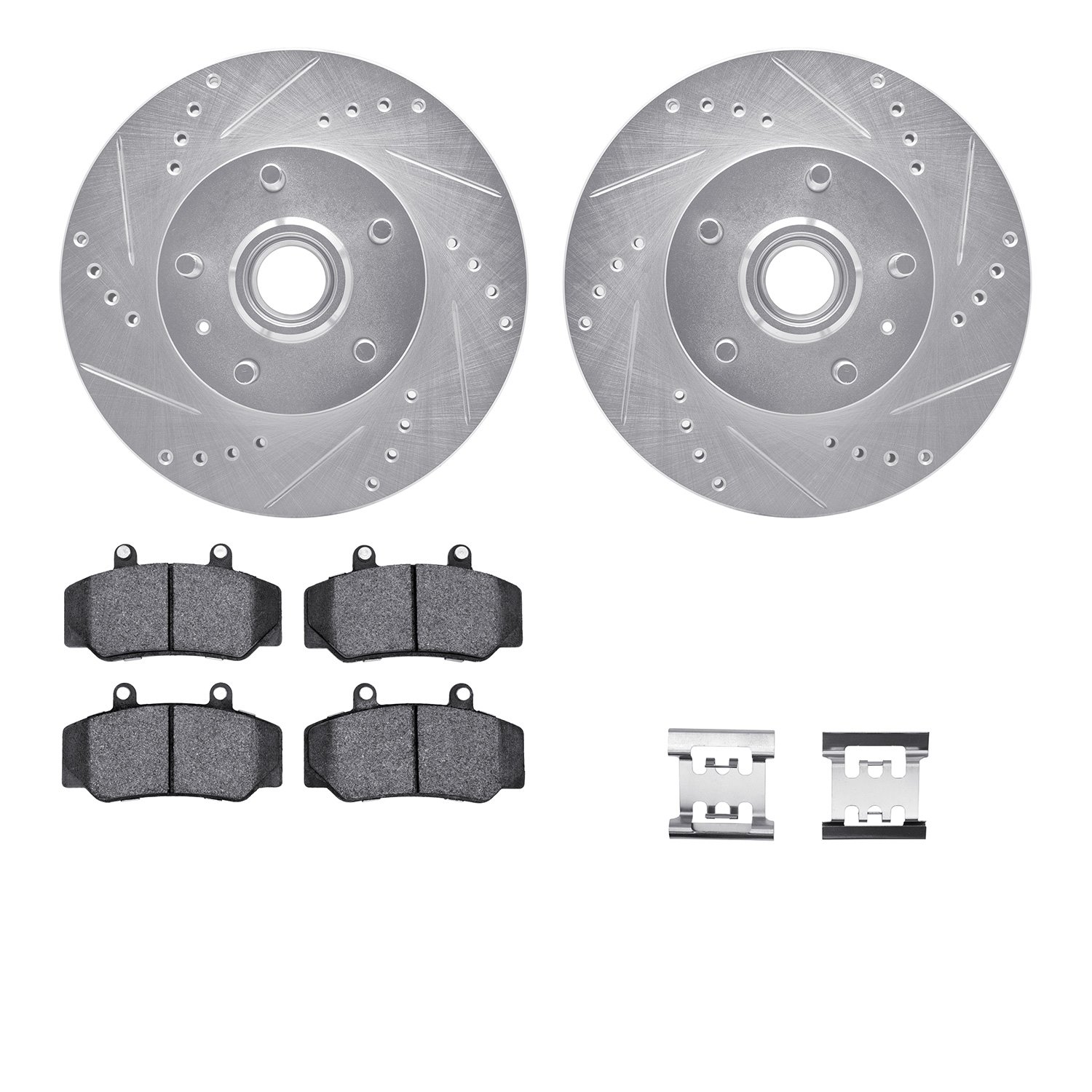 7512-27122 Drilled/Slotted Brake Rotors w/5000 Advanced Brake Pads Kit & Hardware [Silver], 1983-1987 Volvo, Position: Front