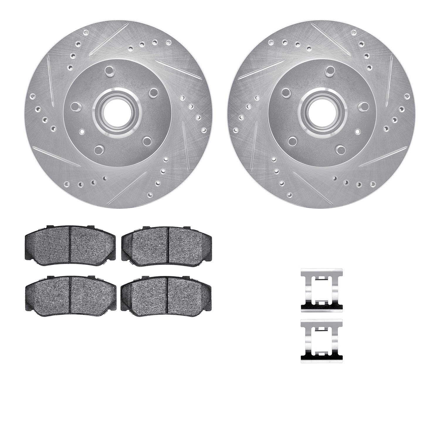 7512-27123 Drilled/Slotted Brake Rotors w/5000 Advanced Brake Pads Kit & Hardware [Silver], 1983-1987 Volvo, Position: Front