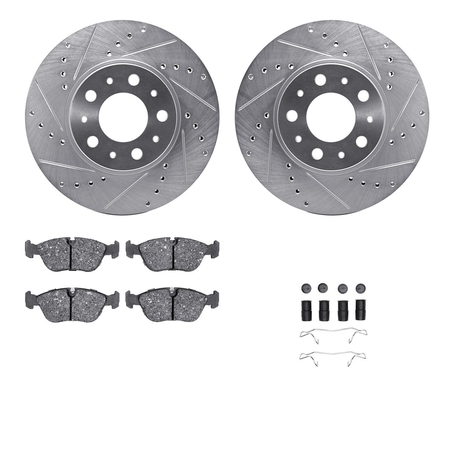 7512-27153 Drilled/Slotted Brake Rotors w/5000 Advanced Brake Pads Kit & Hardware [Silver], 1998-2004 Volvo, Position: Front