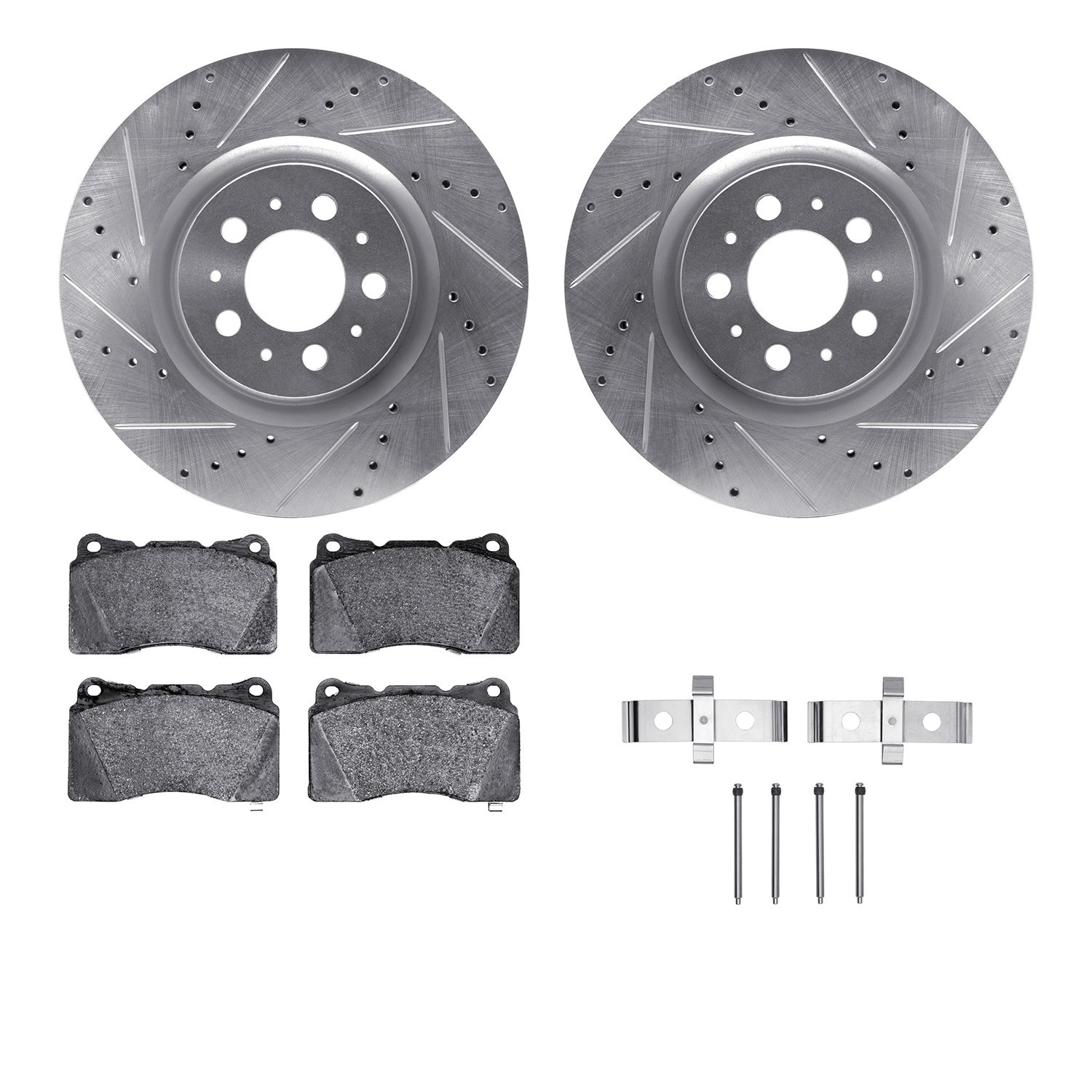 7512-27204 Drilled/Slotted Brake Rotors w/5000 Advanced Brake Pads Kit & Hardware [Silver], 2004-2007 Volvo, Position: Front