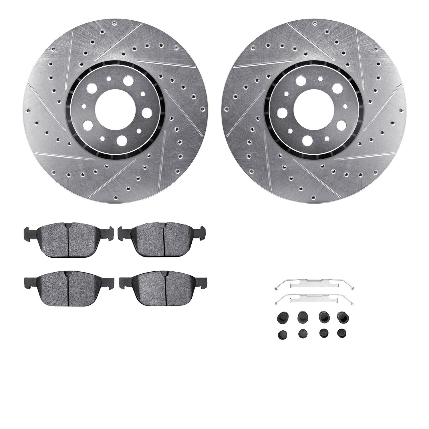 7512-27281 Drilled/Slotted Brake Rotors w/5000 Advanced Brake Pads Kit & Hardware [Silver], 2003-2014 Volvo, Position: Front