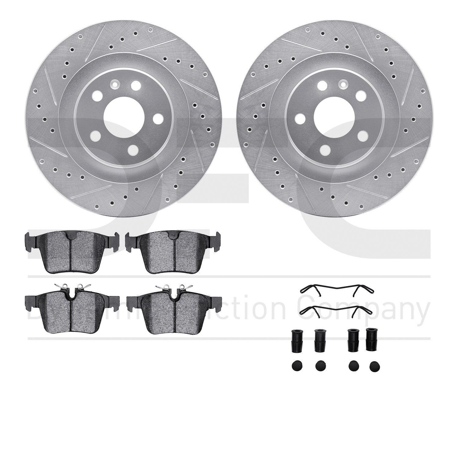 7512-27293 Drilled/Slotted Brake Rotors w/5000 Advanced Brake Pads Kit & Hardware [Silver], 2016-2020 Volvo, Position: Rear