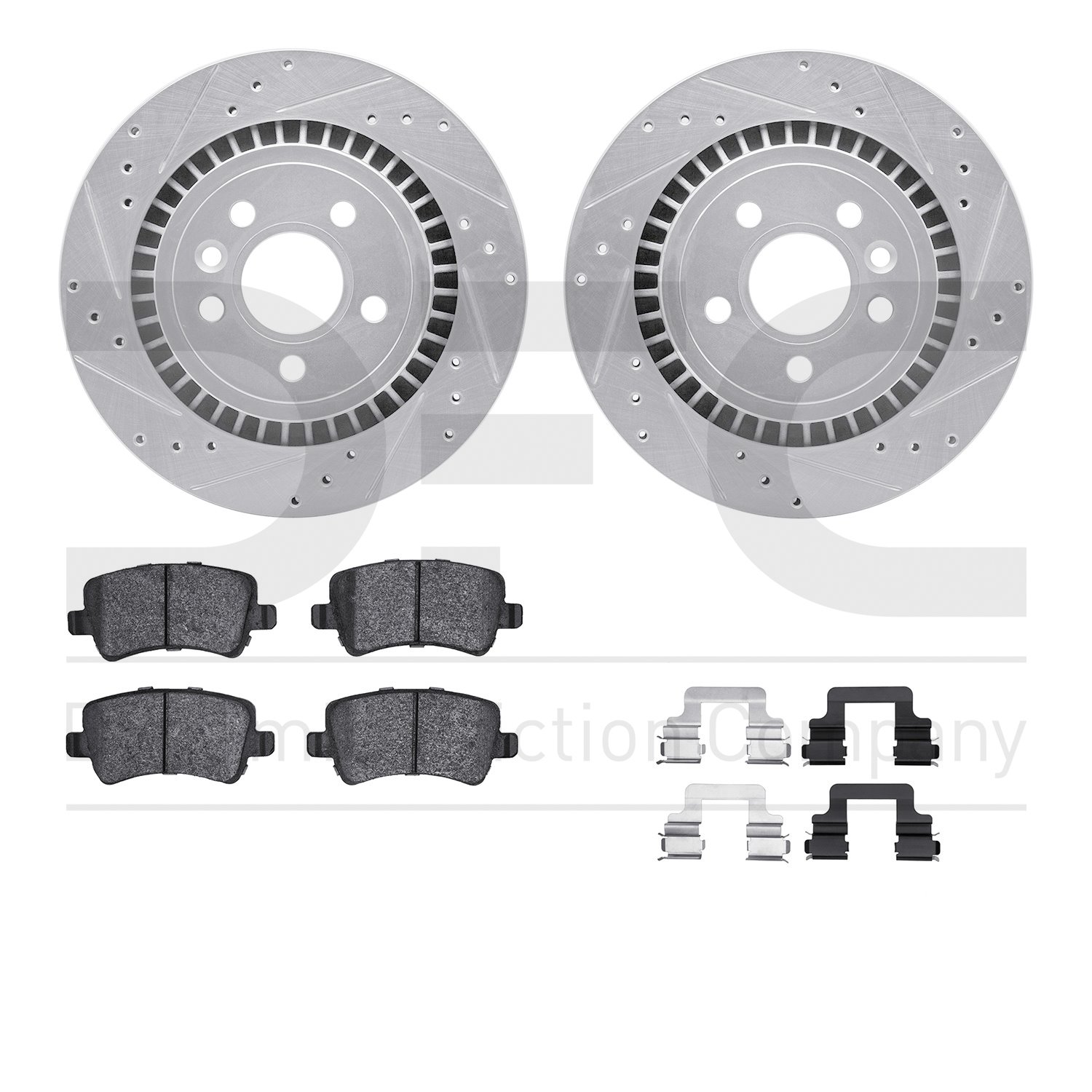 7512-27329 Drilled/Slotted Brake Rotors w/5000 Advanced Brake Pads Kit & Hardware [Silver], 2016-2018 Volvo, Position: Rear