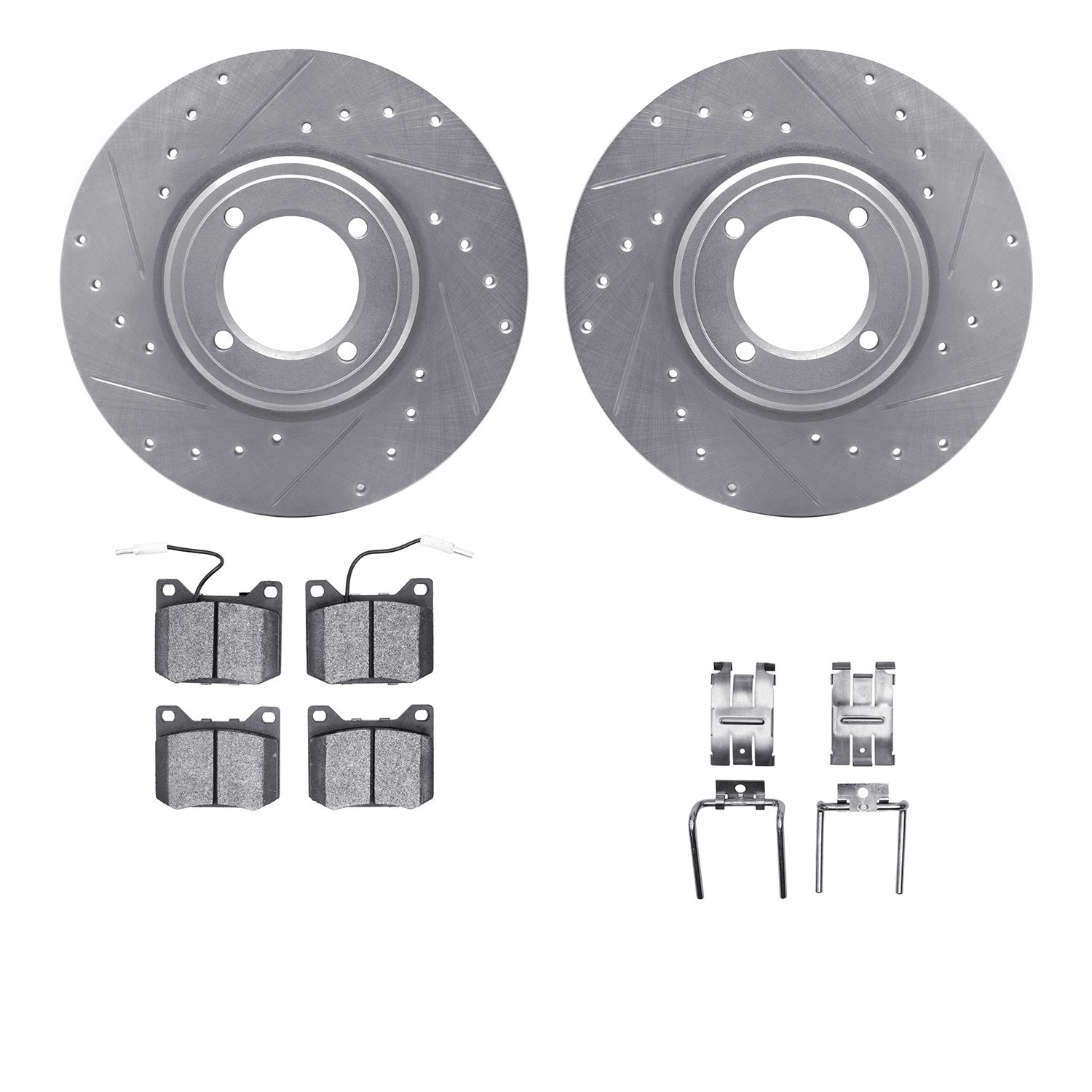 7512-28003 Drilled/Slotted Brake Rotors w/5000 Advanced Brake Pads Kit & Hardware [Silver], 1969-1983 Peugeot, Position: Front