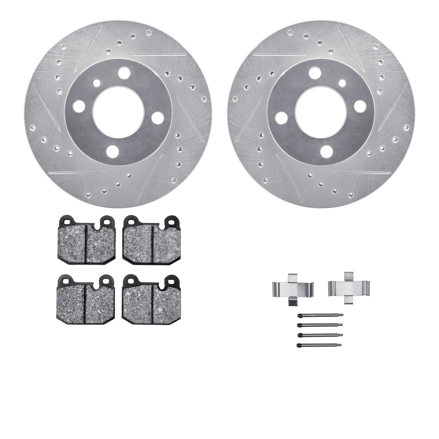 7512-31004 Drilled/Slotted Brake Rotors w/5000 Advanced Brake Pads Kit & Hardware [Silver], 1977-1977 BMW, Position: Front