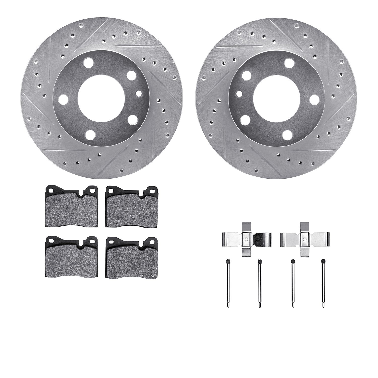 7512-31007 Drilled/Slotted Brake Rotors w/5000 Advanced Brake Pads Kit & Hardware [Silver], 1976-1982 BMW, Position: Front