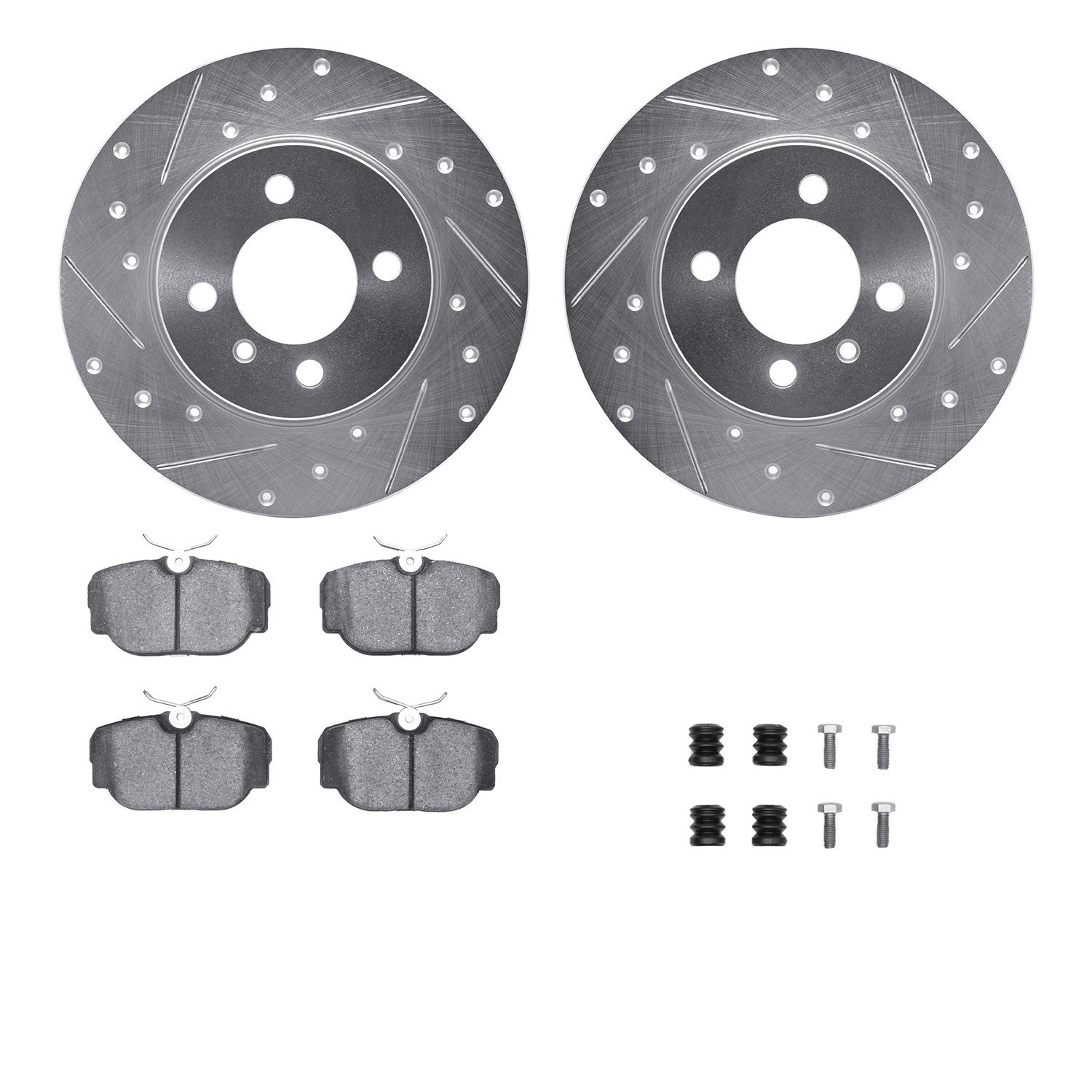 7512-31009 Drilled/Slotted Brake Rotors w/5000 Advanced Brake Pads Kit & Hardware [Silver], 1984-1985 BMW, Position: Front